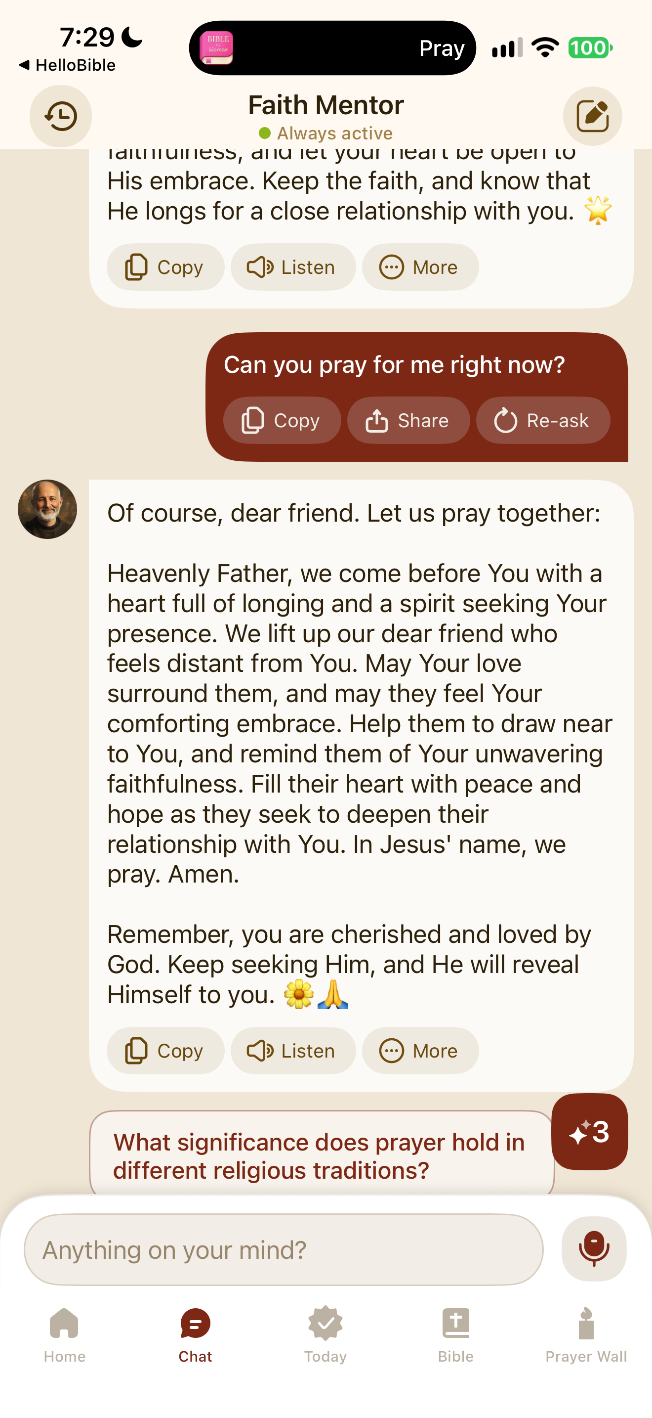 Mentor prays when asked