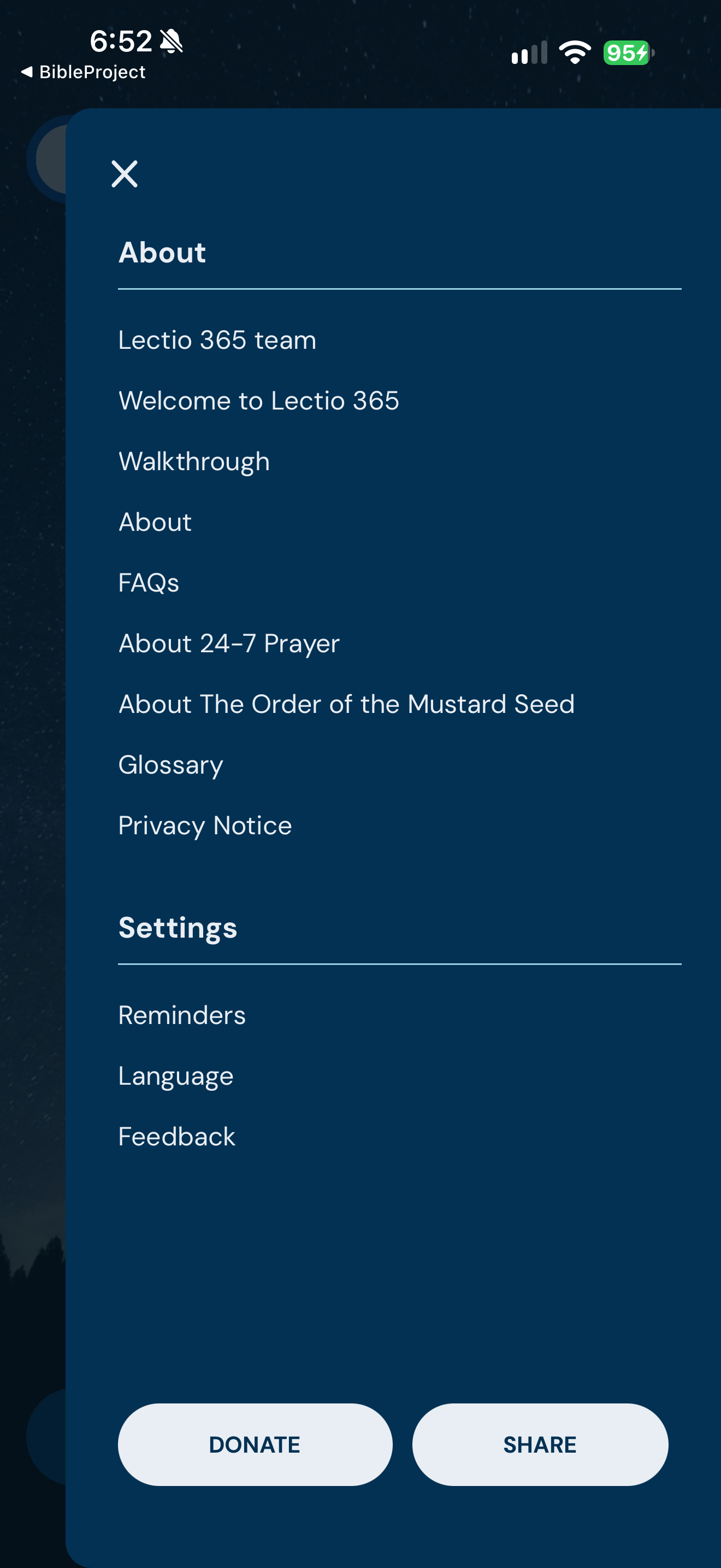 More menu with Donate