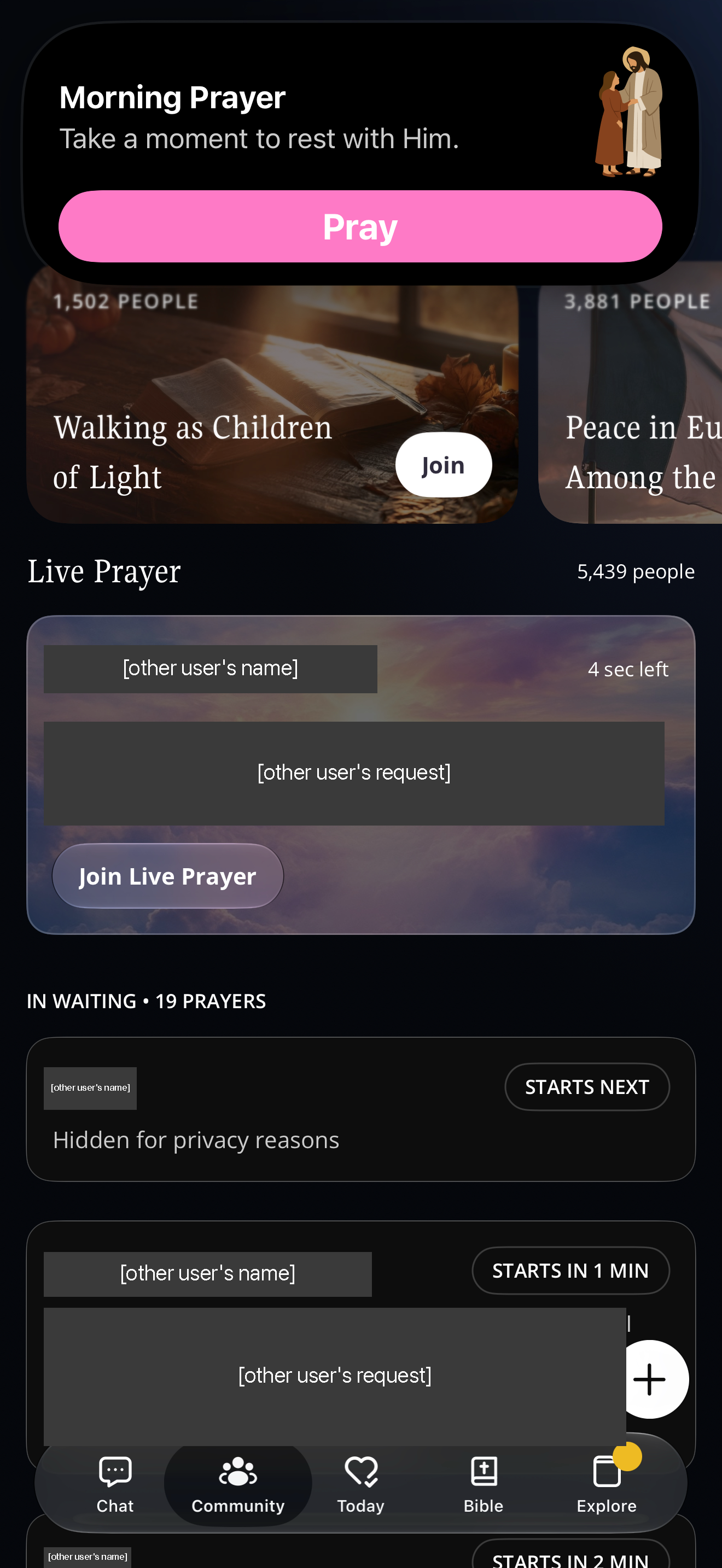 Live Prayer queue with a hidden request