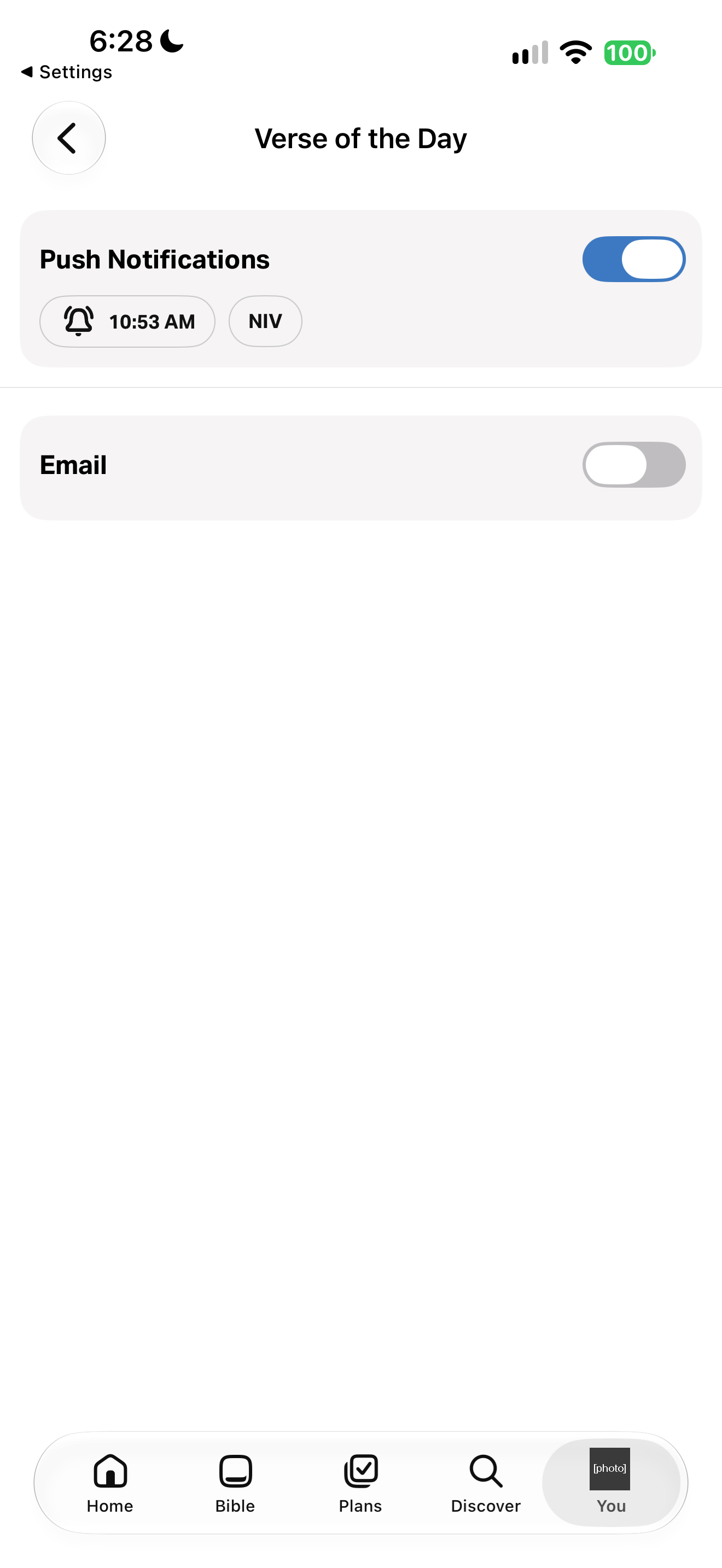 Verse of the Day reminder settings
