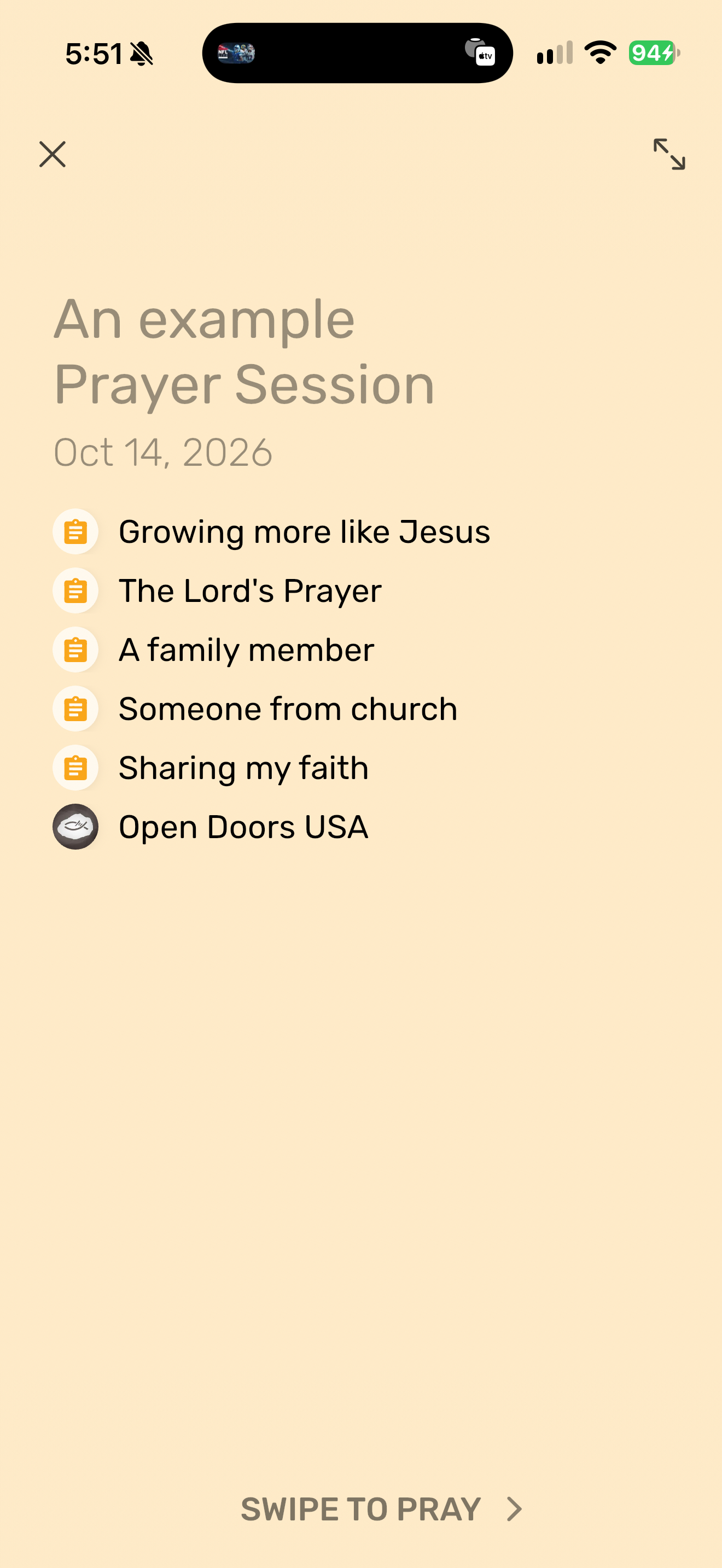PrayerMate example session list