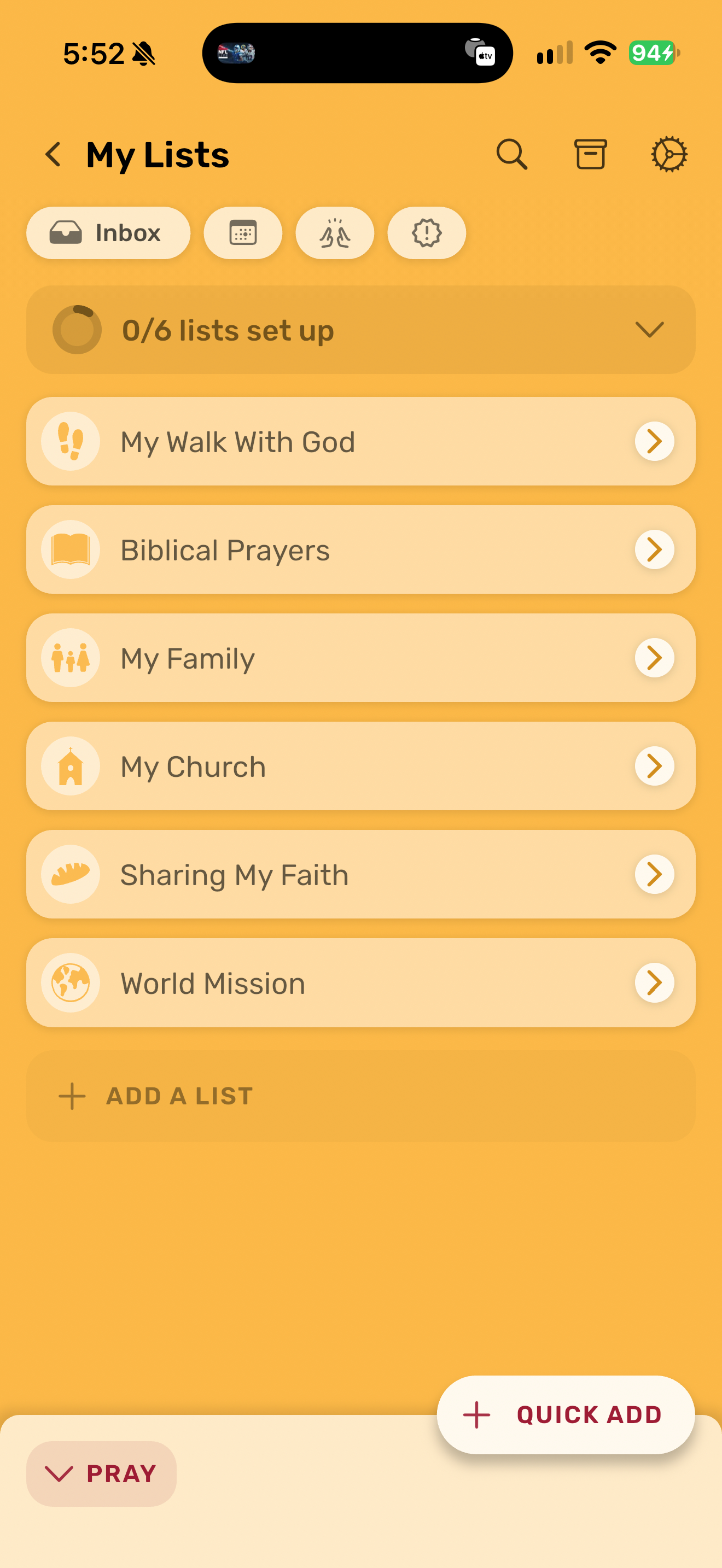 PrayerMate initial lists