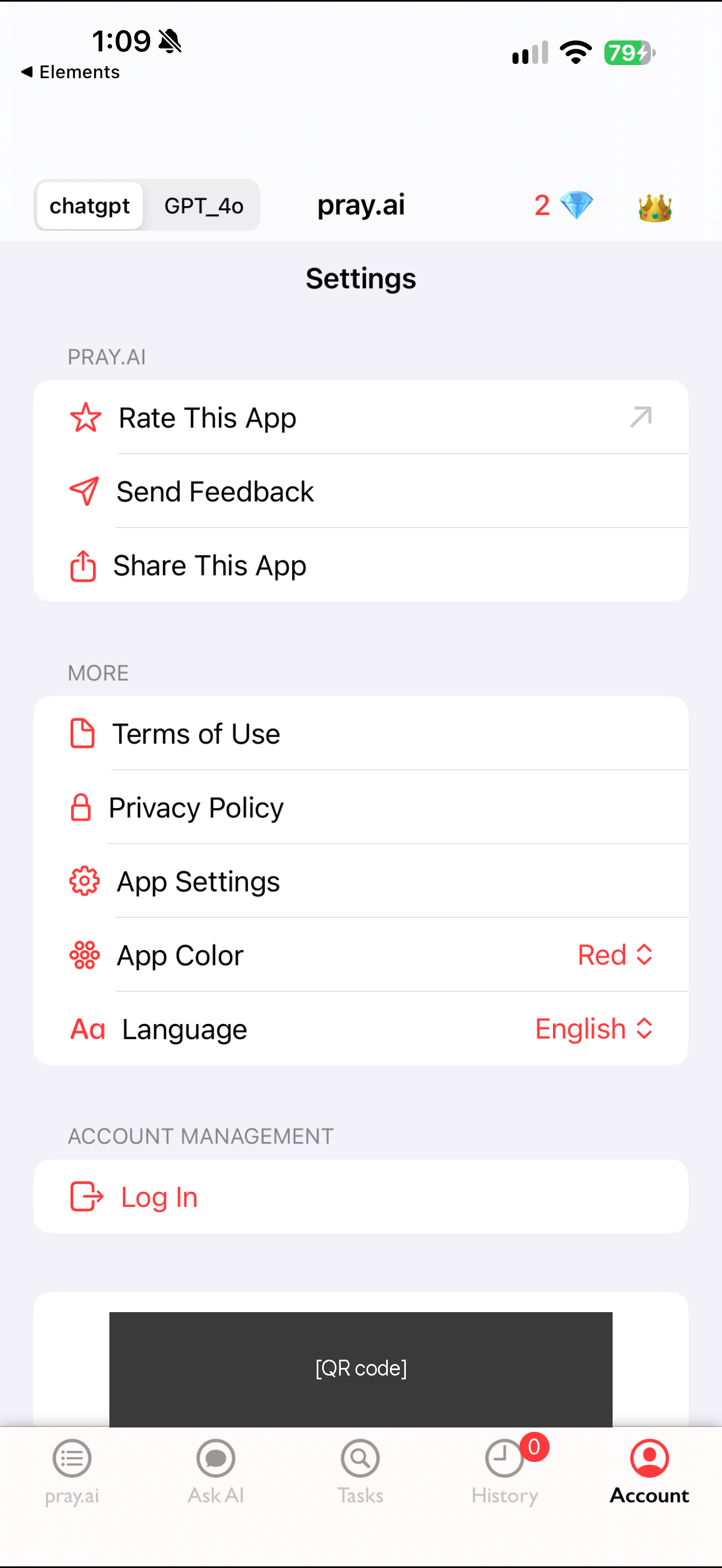Account settings with QR code