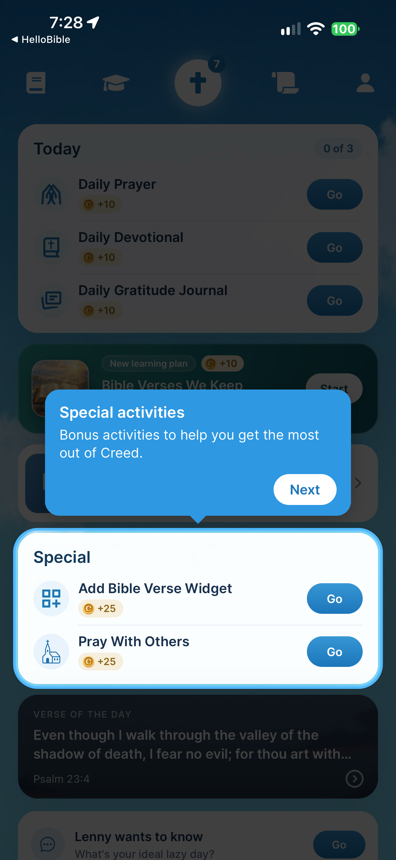 Bonus coins for a widget and praying with others