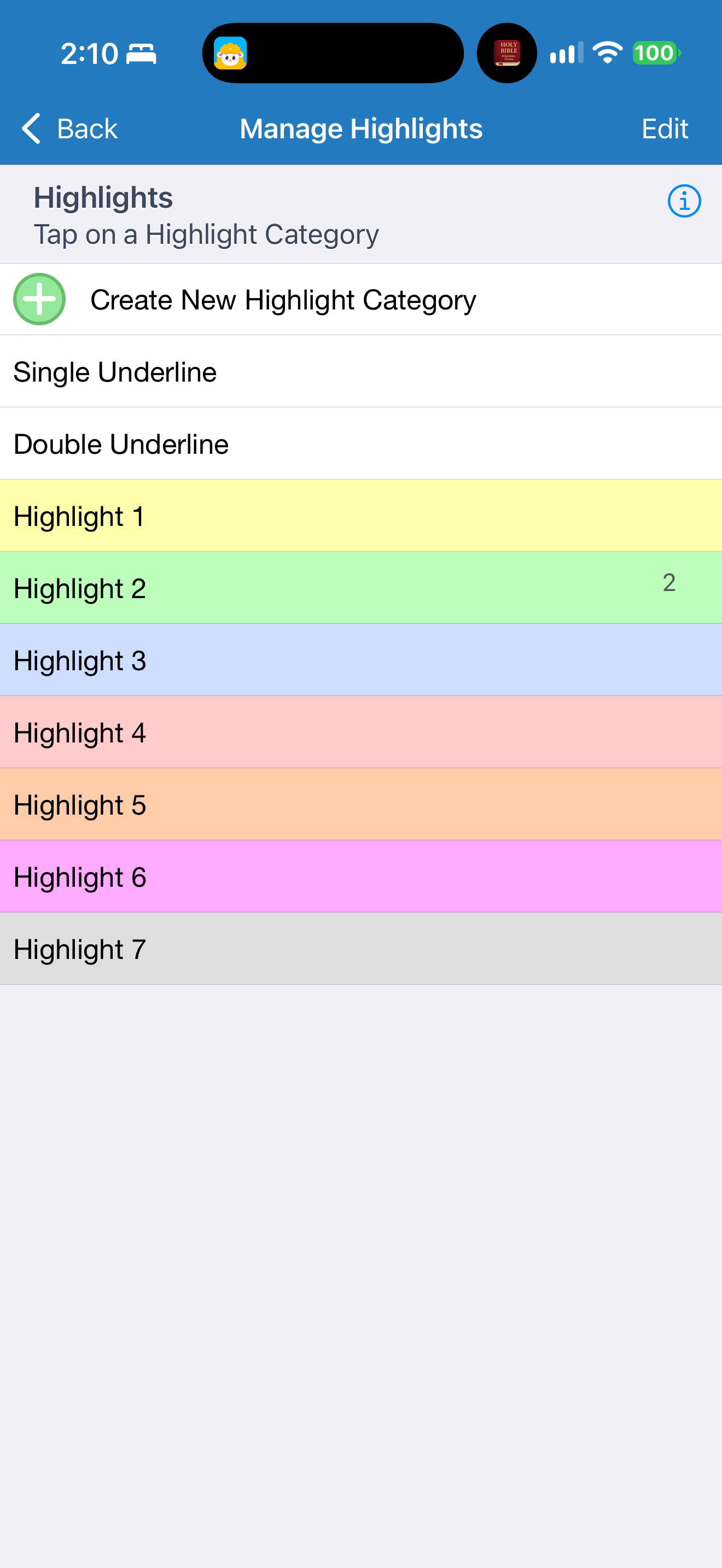 A highlight library with category counts
