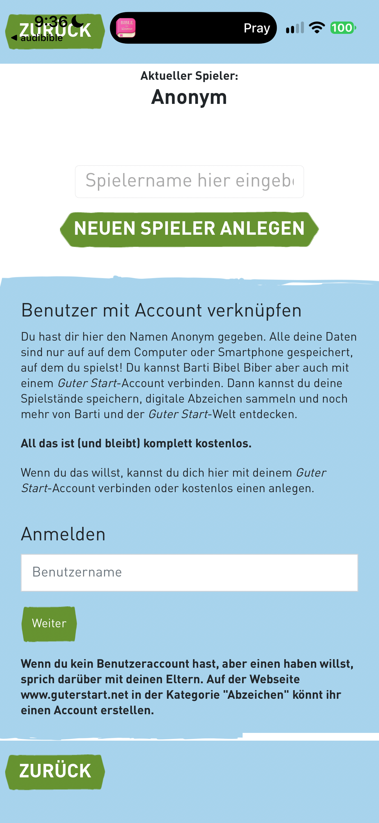 Anonymous player and optional account