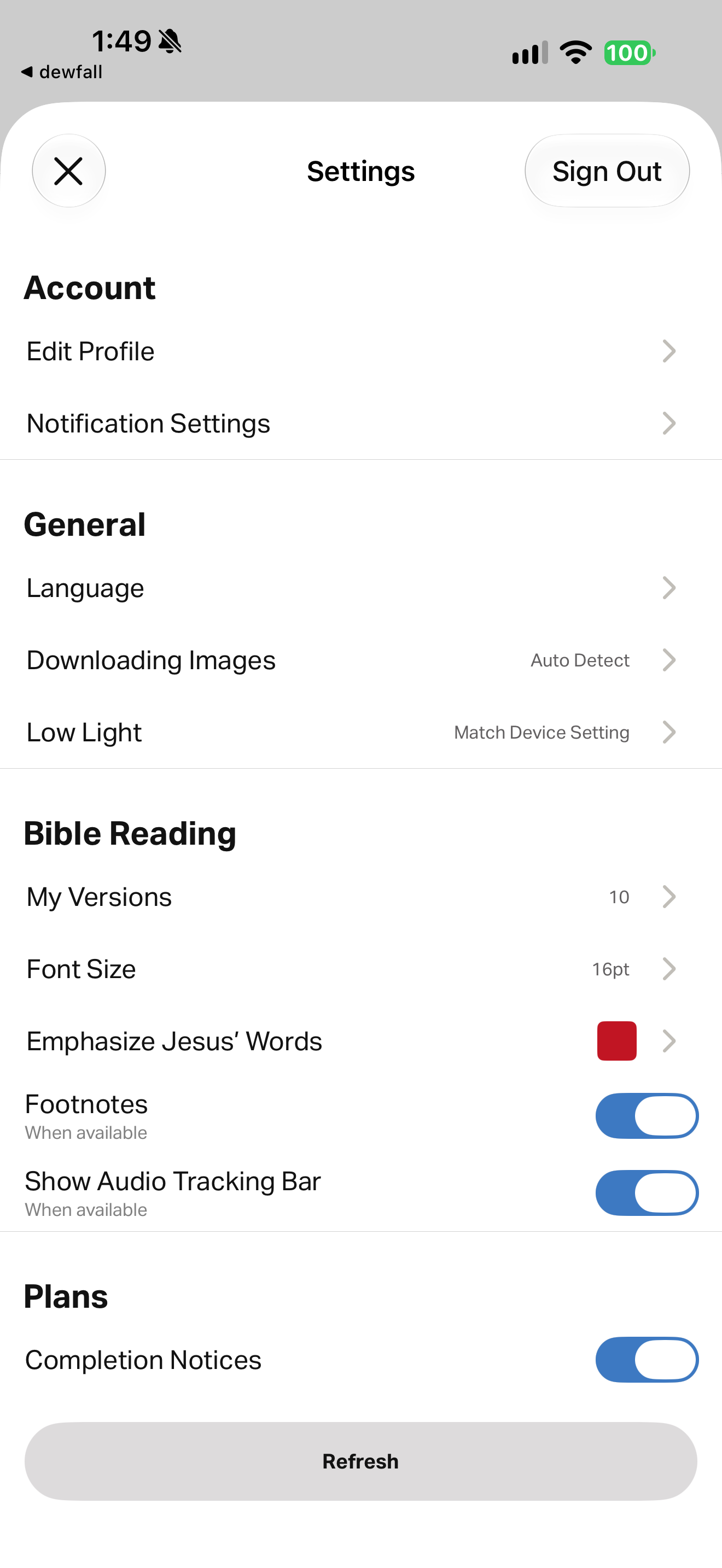 Bible reading settings