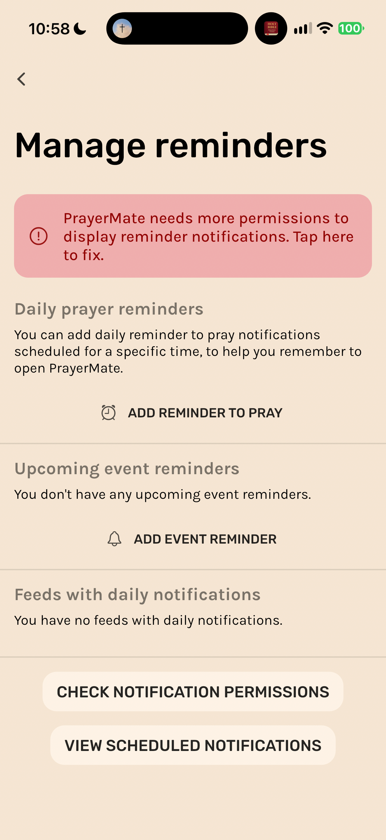 Reminder manager with permission warning