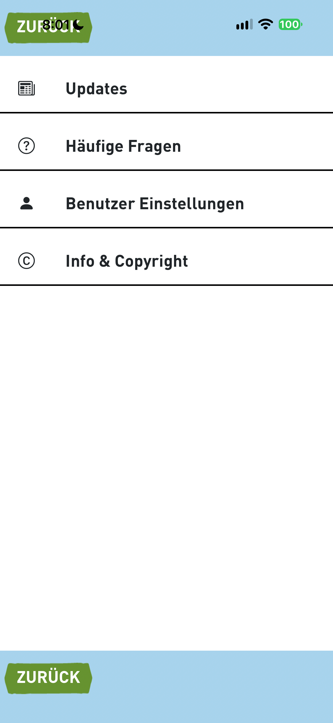 Help and settings menu
