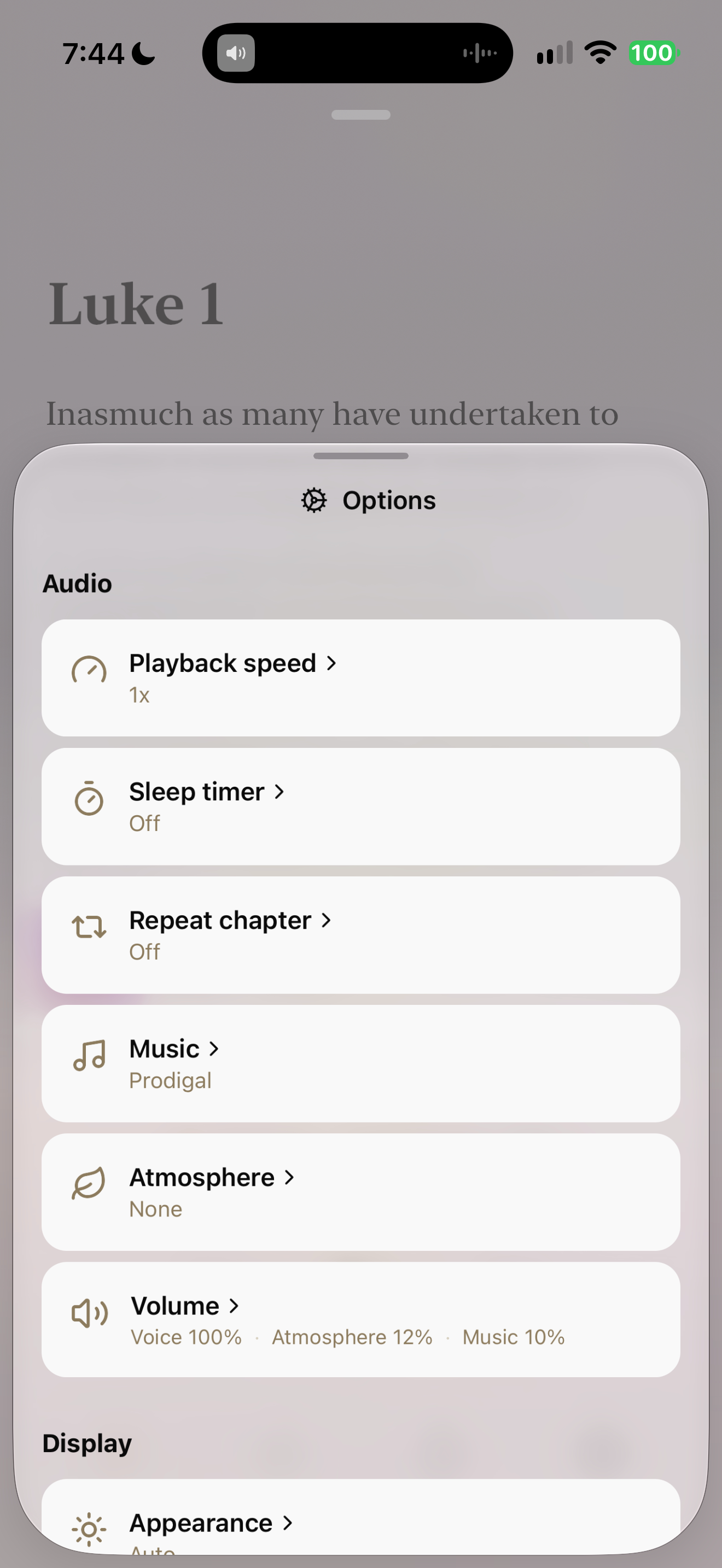 Audio options sheet