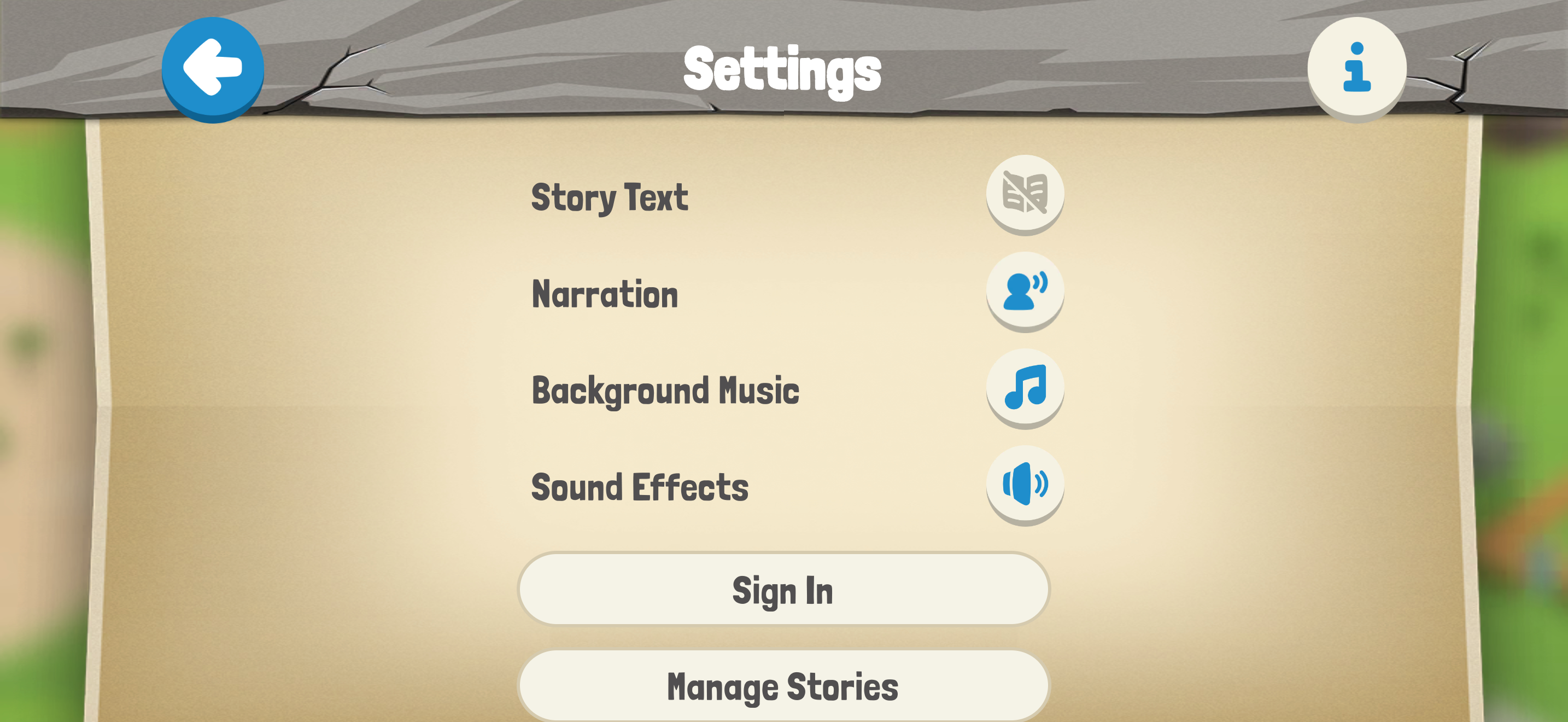 Story text and audio settings