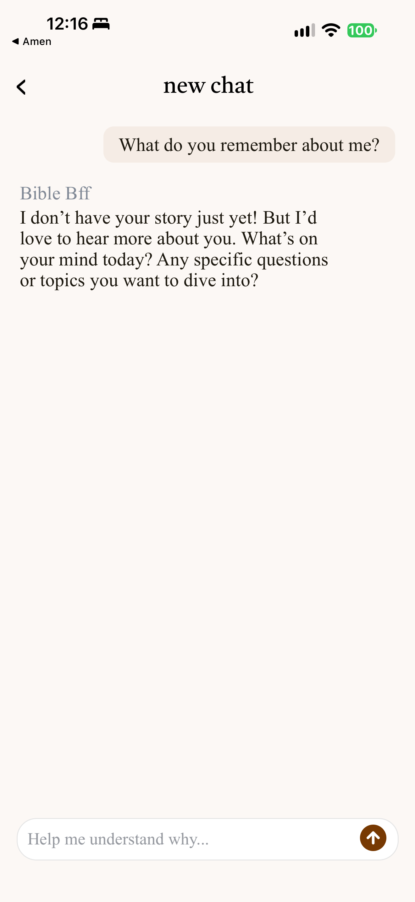 No memory yet, asks back: In a new chat, 'What do you remember about me?' gets: "I don't have your story just yet! But I'd love to hear more about you." The reply then asks what is on the user's mind.