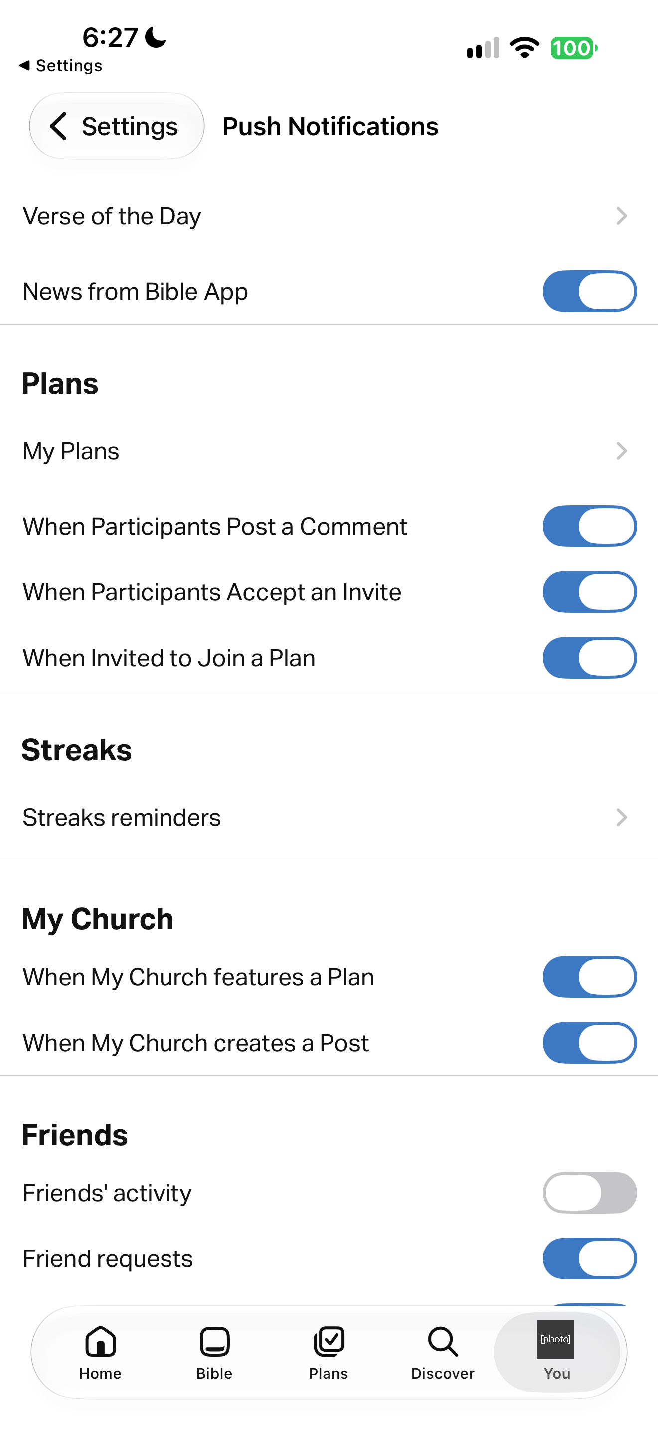 Push notification categories