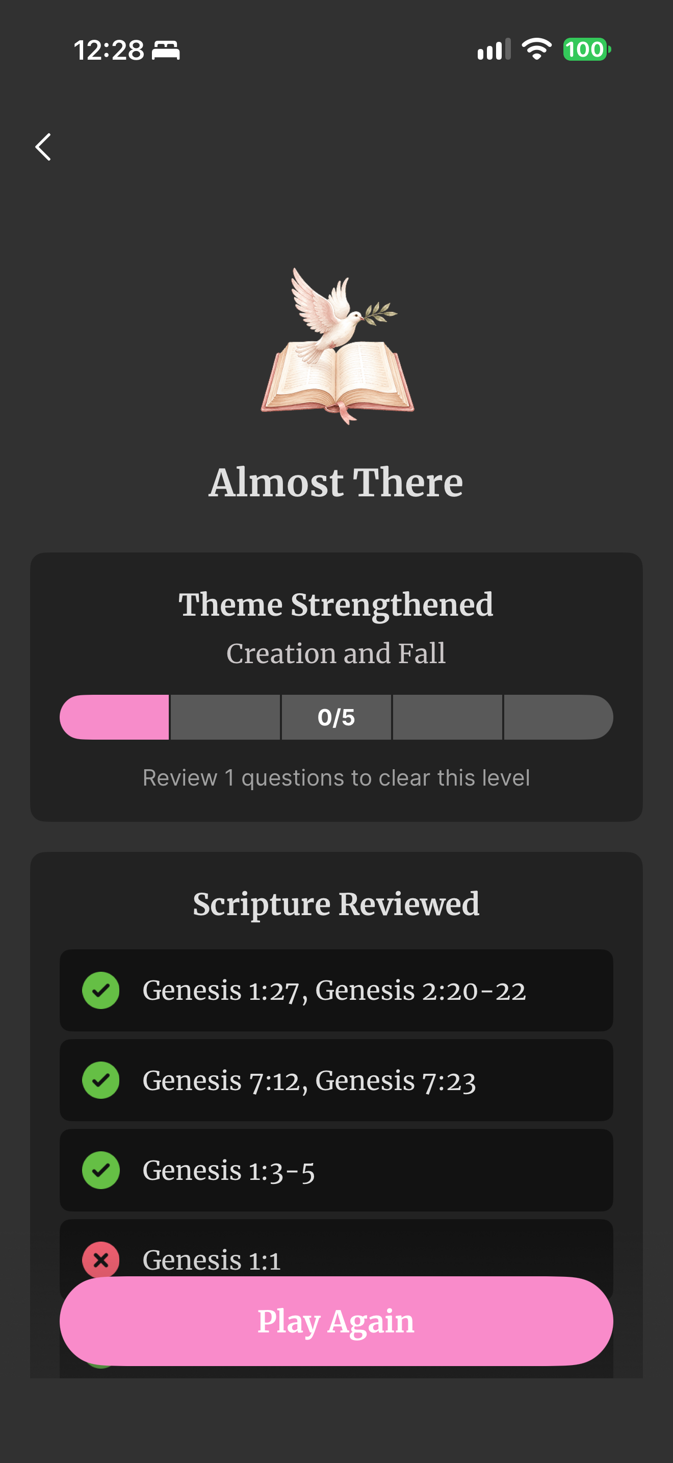 Quiz result with Scripture list