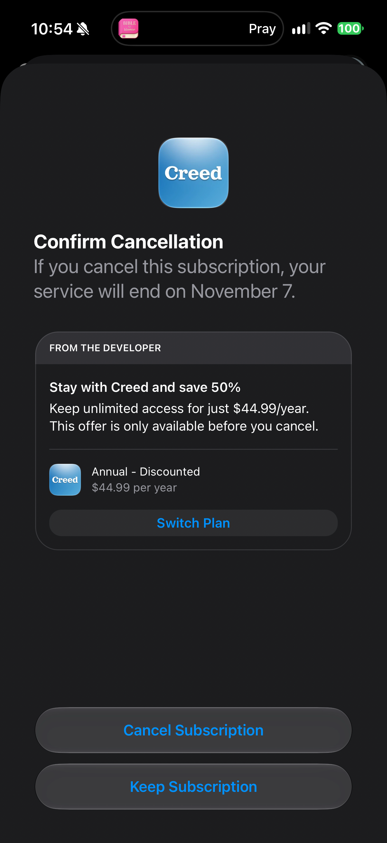 Cancel confirmation with a retention offer