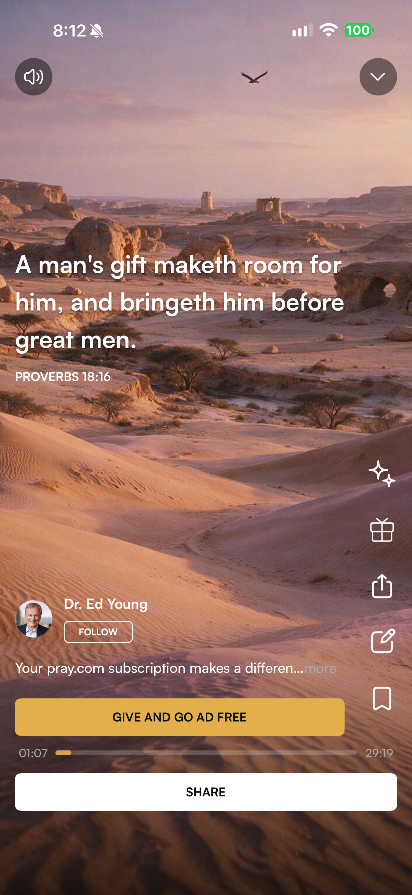 Player with Proverbs 18:16 above the give button