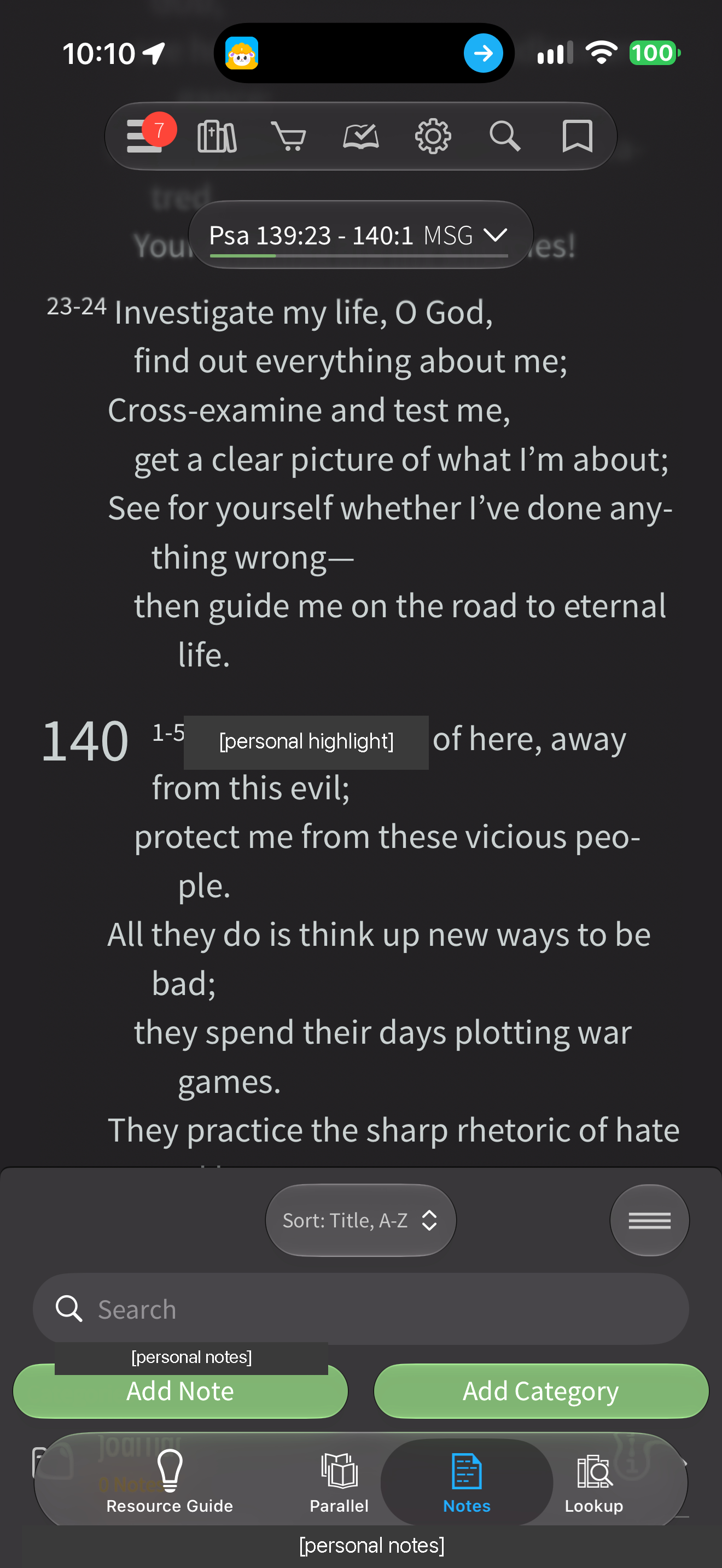 Reader with notes split pane
