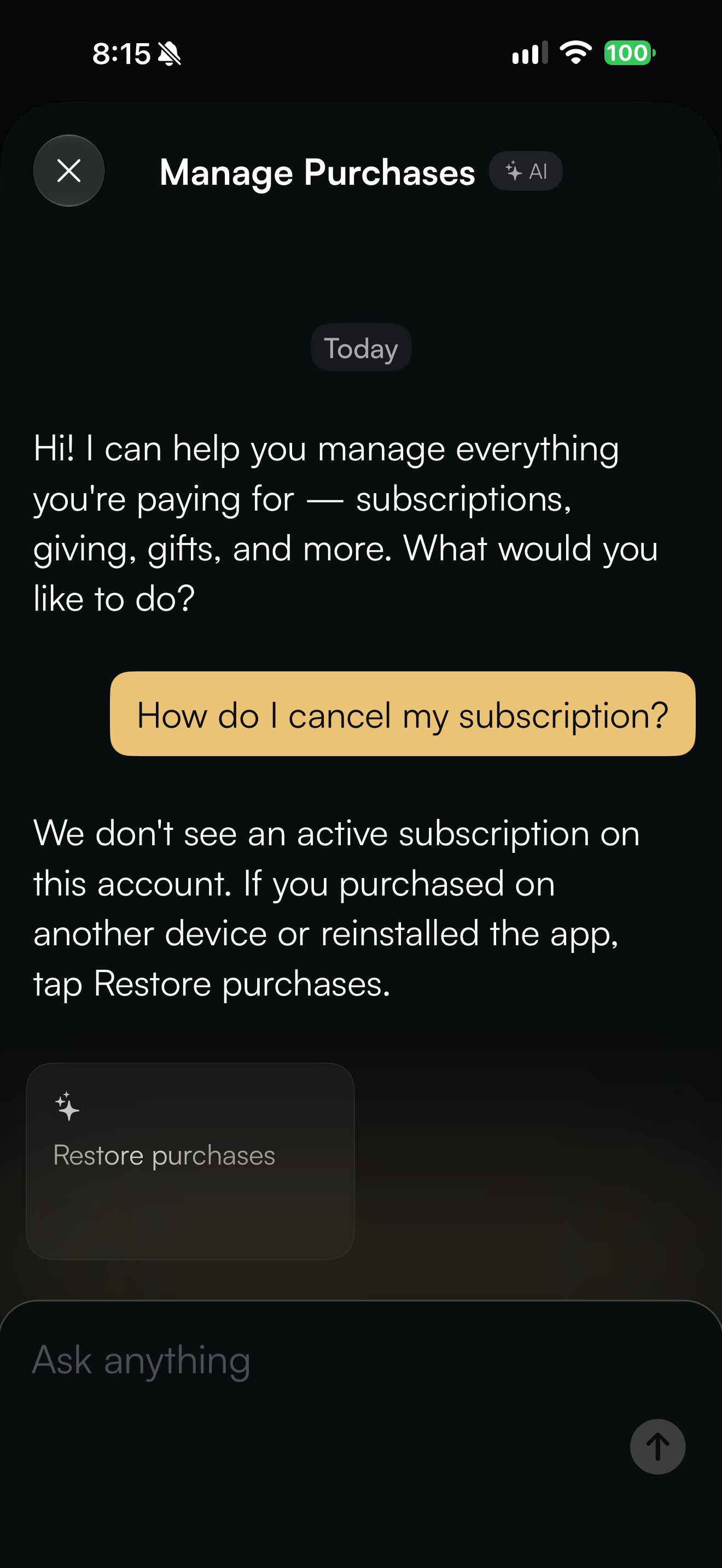 Asking the purchases chat how to cancel