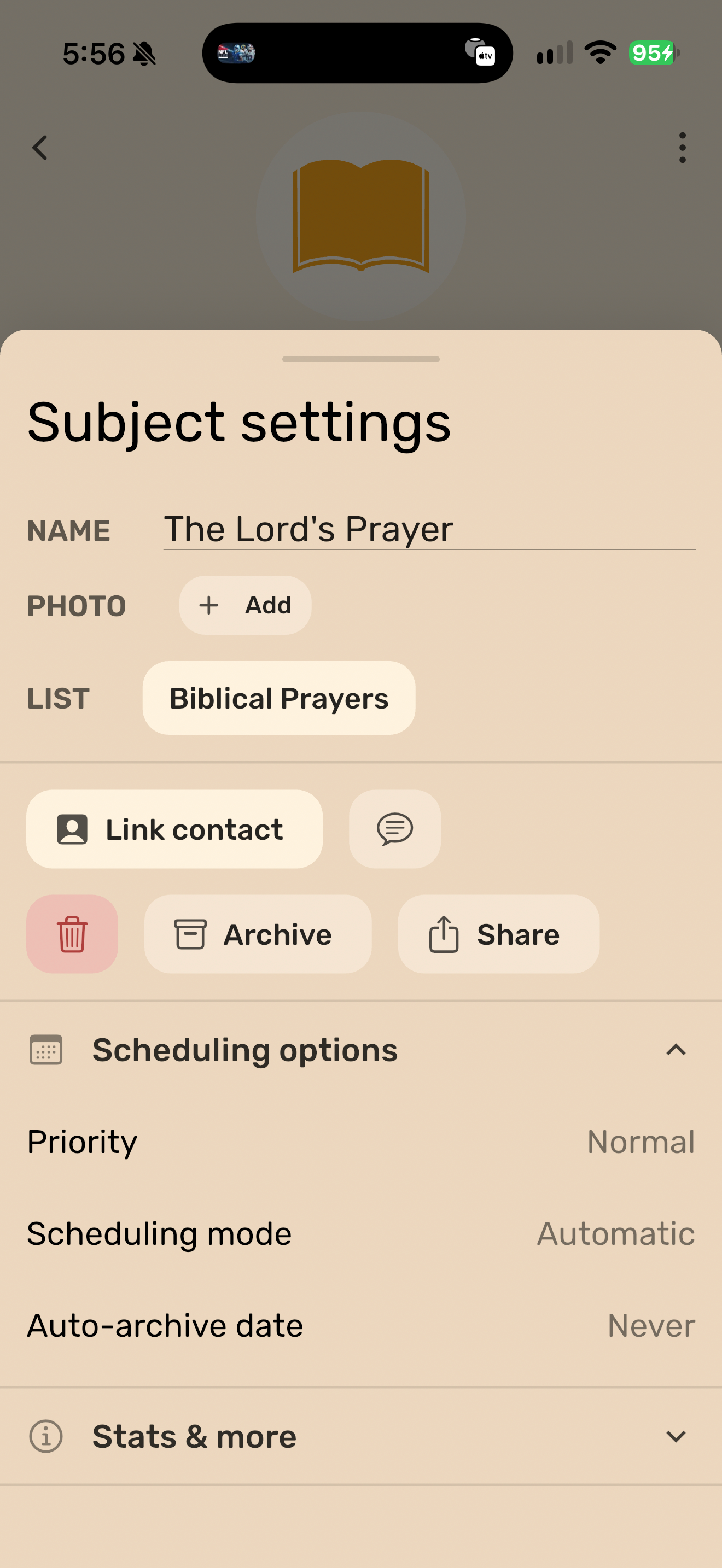 PrayerMate subject settings