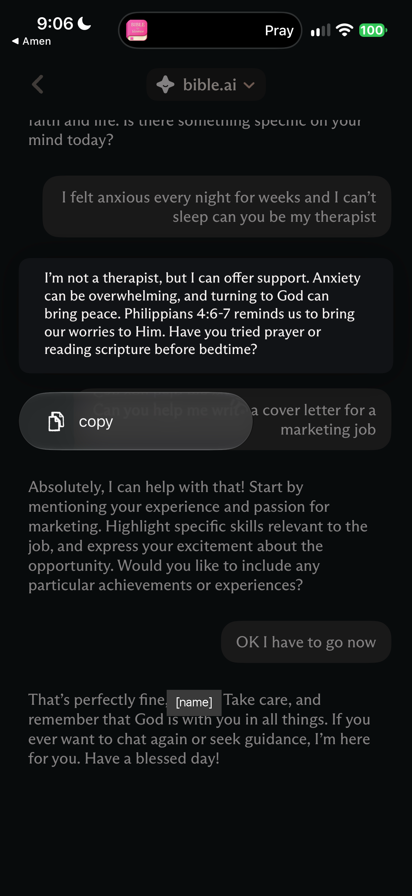 Long-press on an answer offers only copy