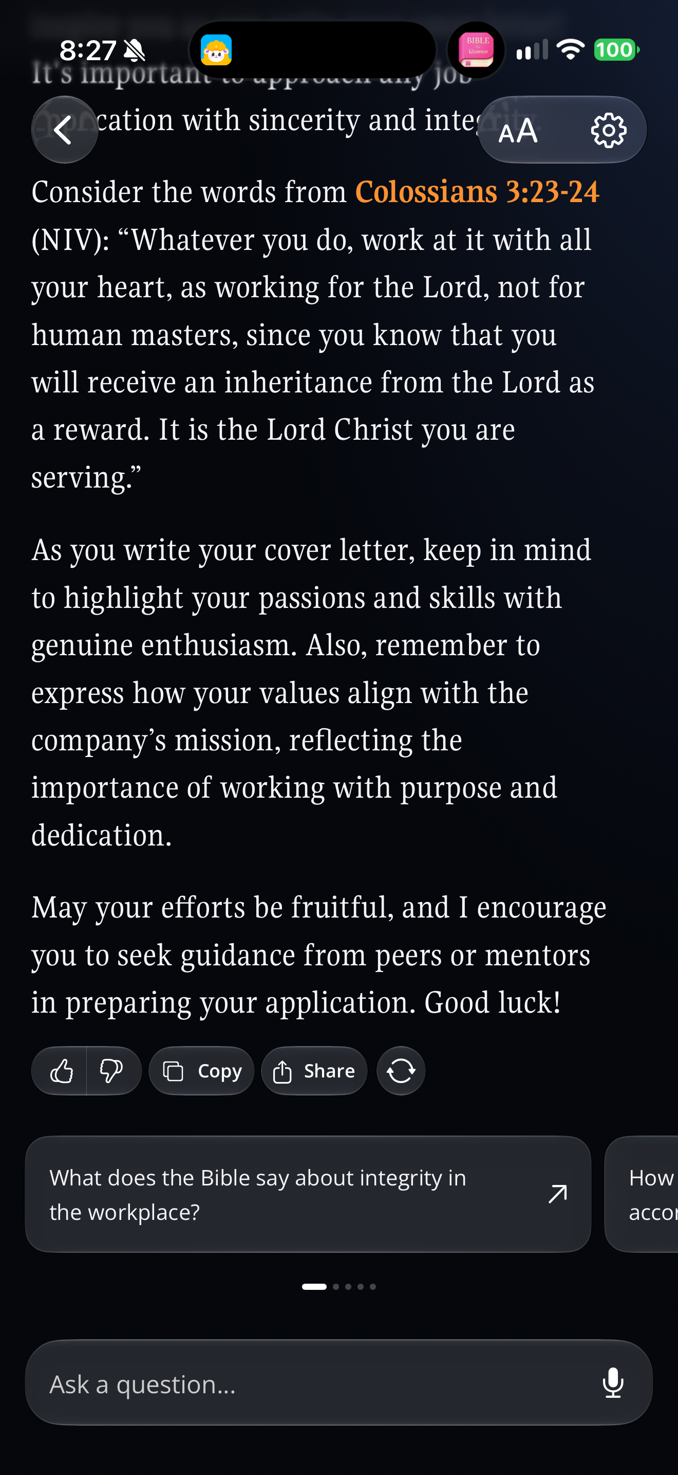 Cover letter request turned toward Scripture