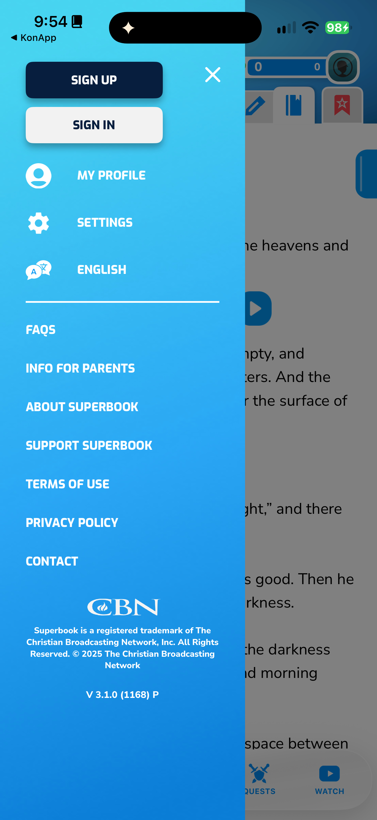 Superbook account and parent menu
