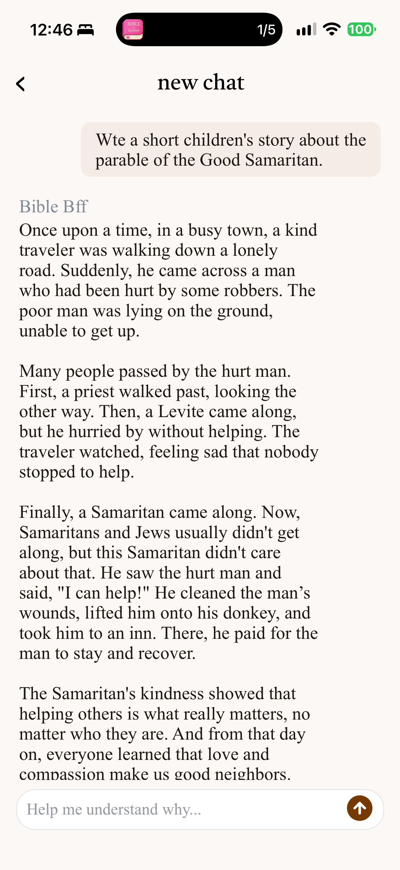 Children's story opening: The top of the same answer shows the prompt and the story's start: "Once upon a time, in a busy town, a kind traveler…", a priest and a Levite passing, and a note that "Samaritans and Jews usually didn't get along". No passage reference is shown in this part.
