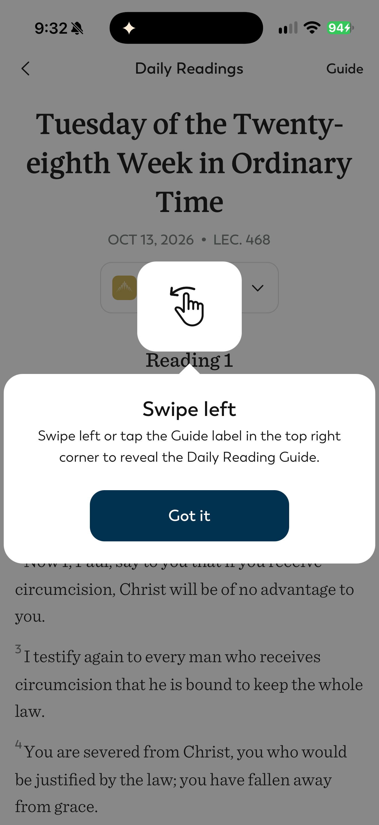 Daily reading guide coachmark