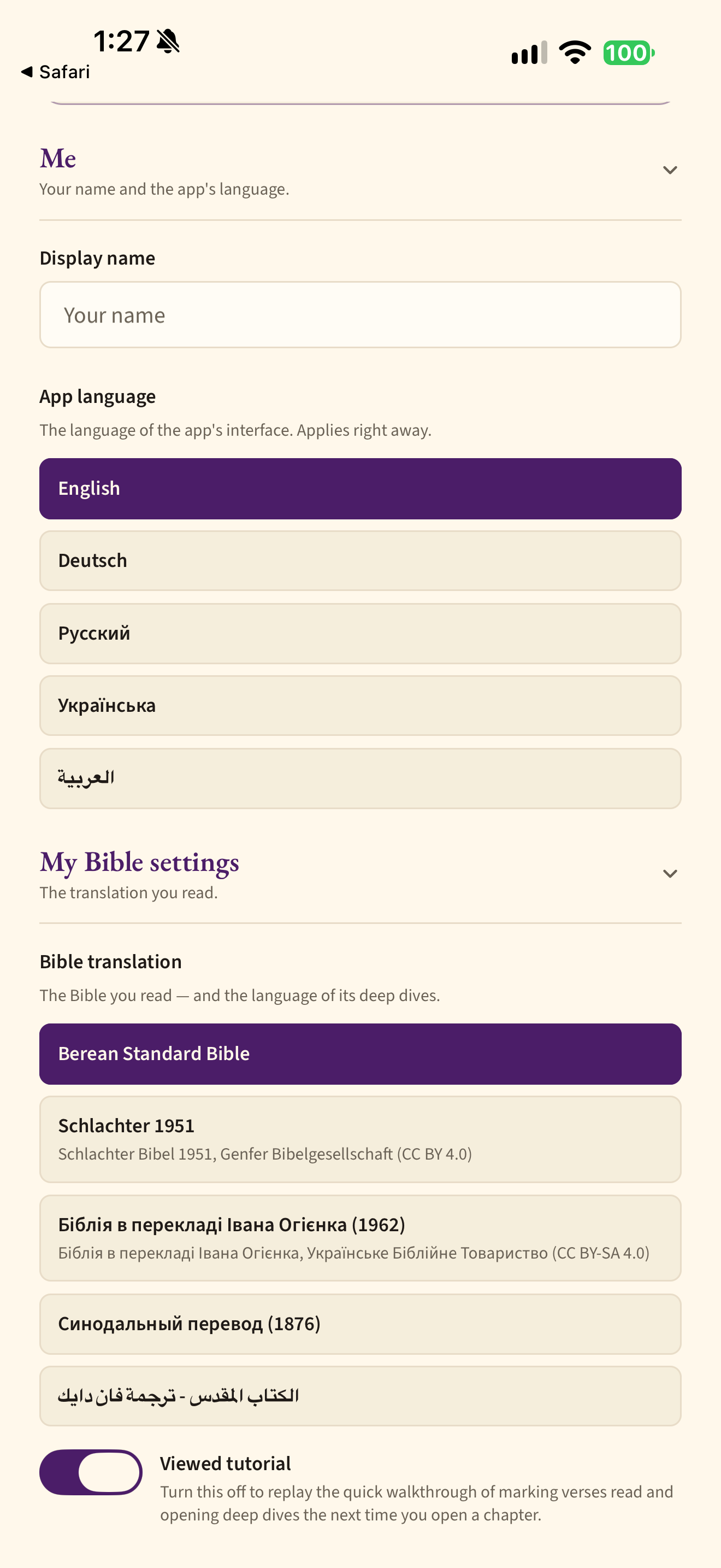 Bible translation settings