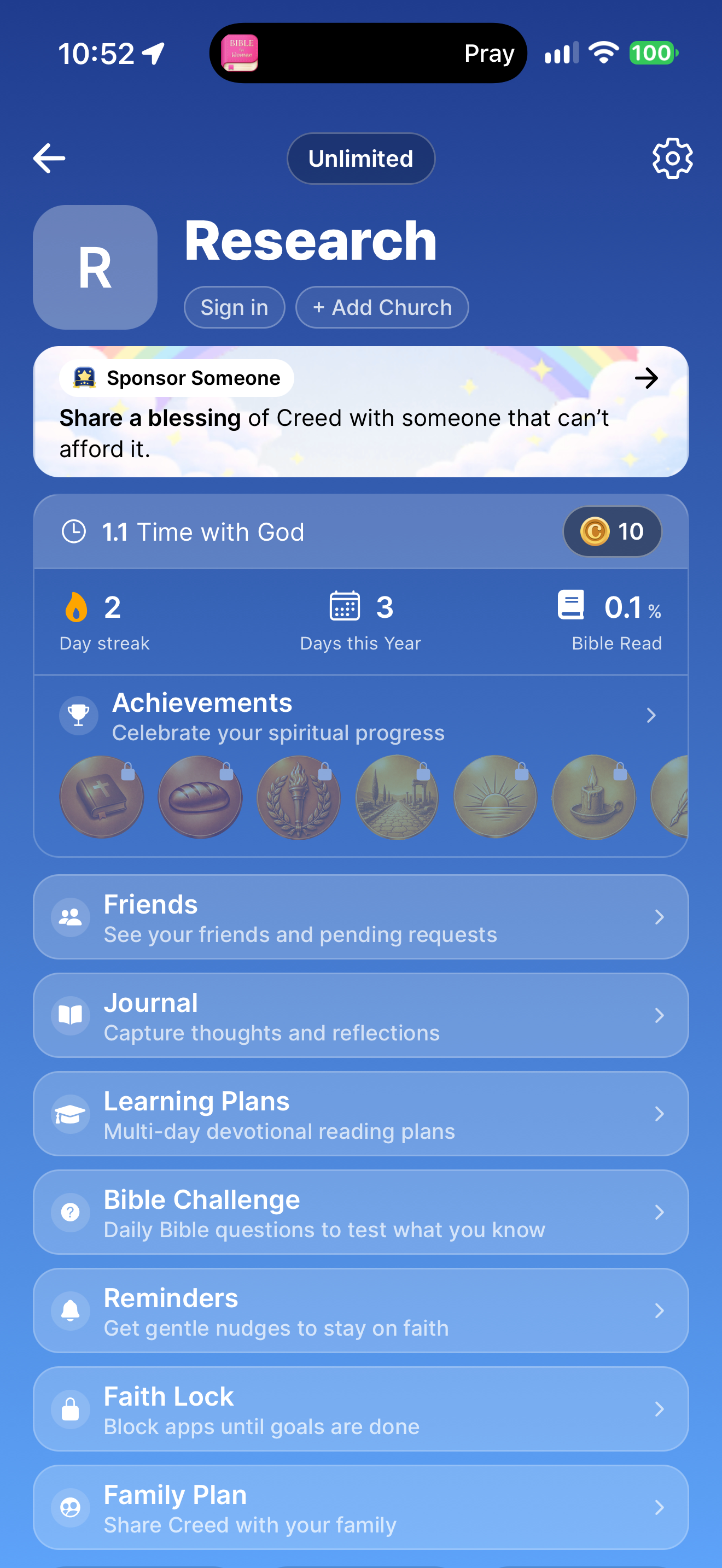 Unlimited profile with a sponsor card