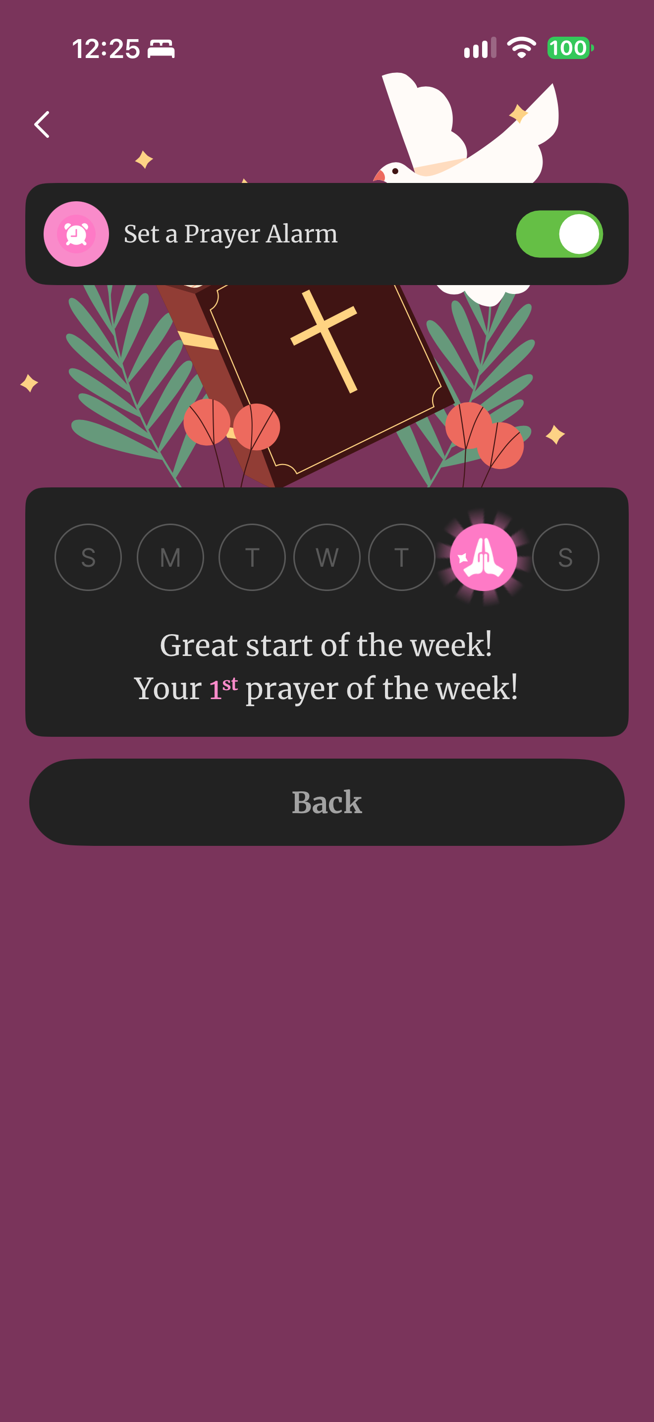 Weekly prayer tracker with alarm toggle