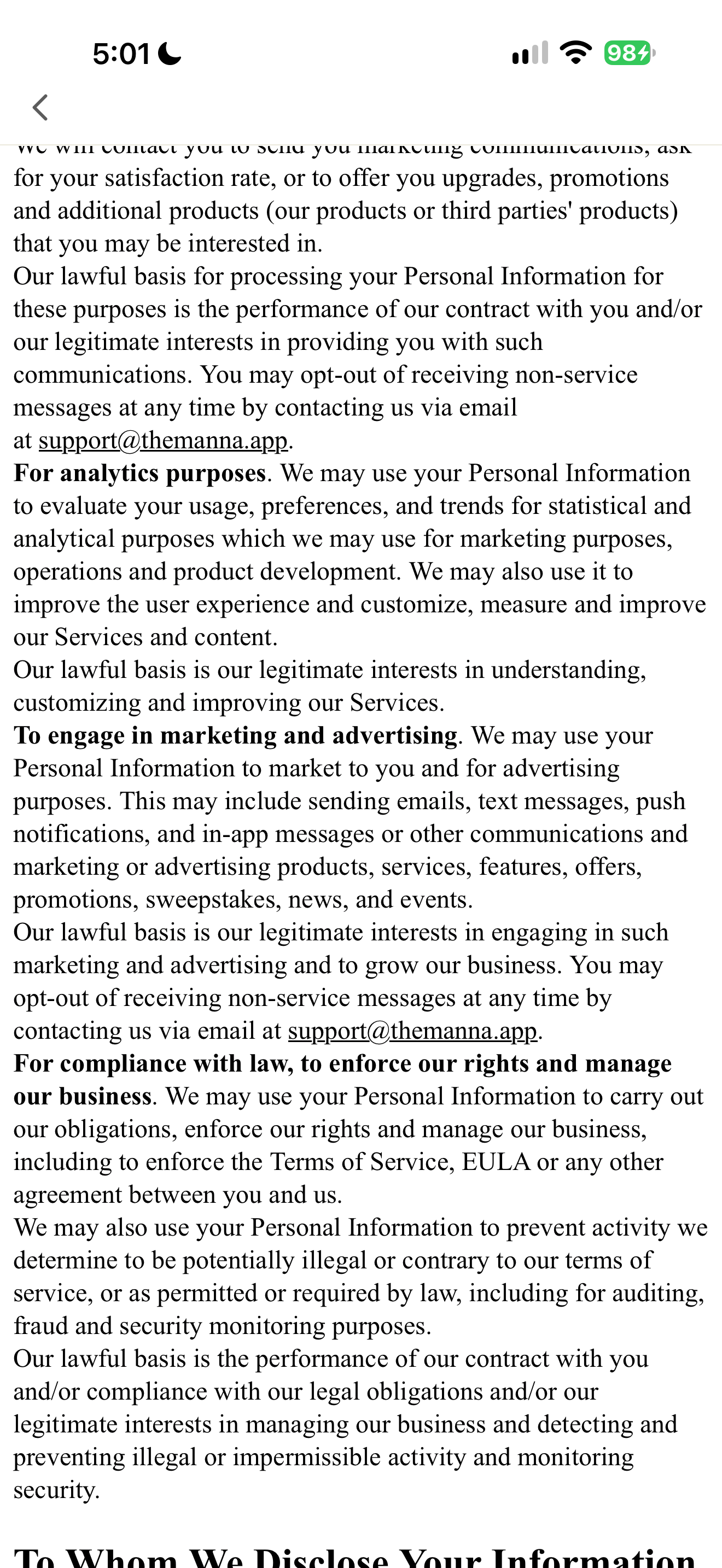 Manna privacy policy