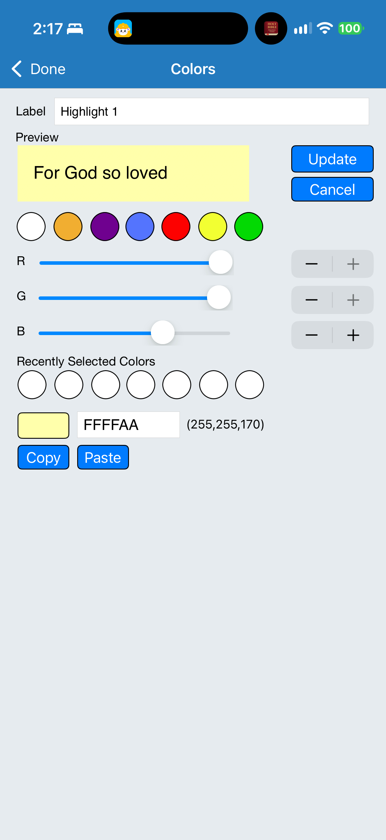 Editing a highlight label and colour