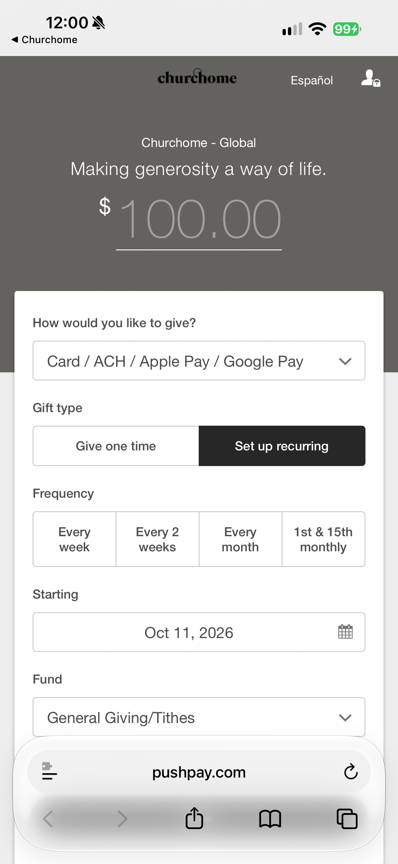Recurring giving setup