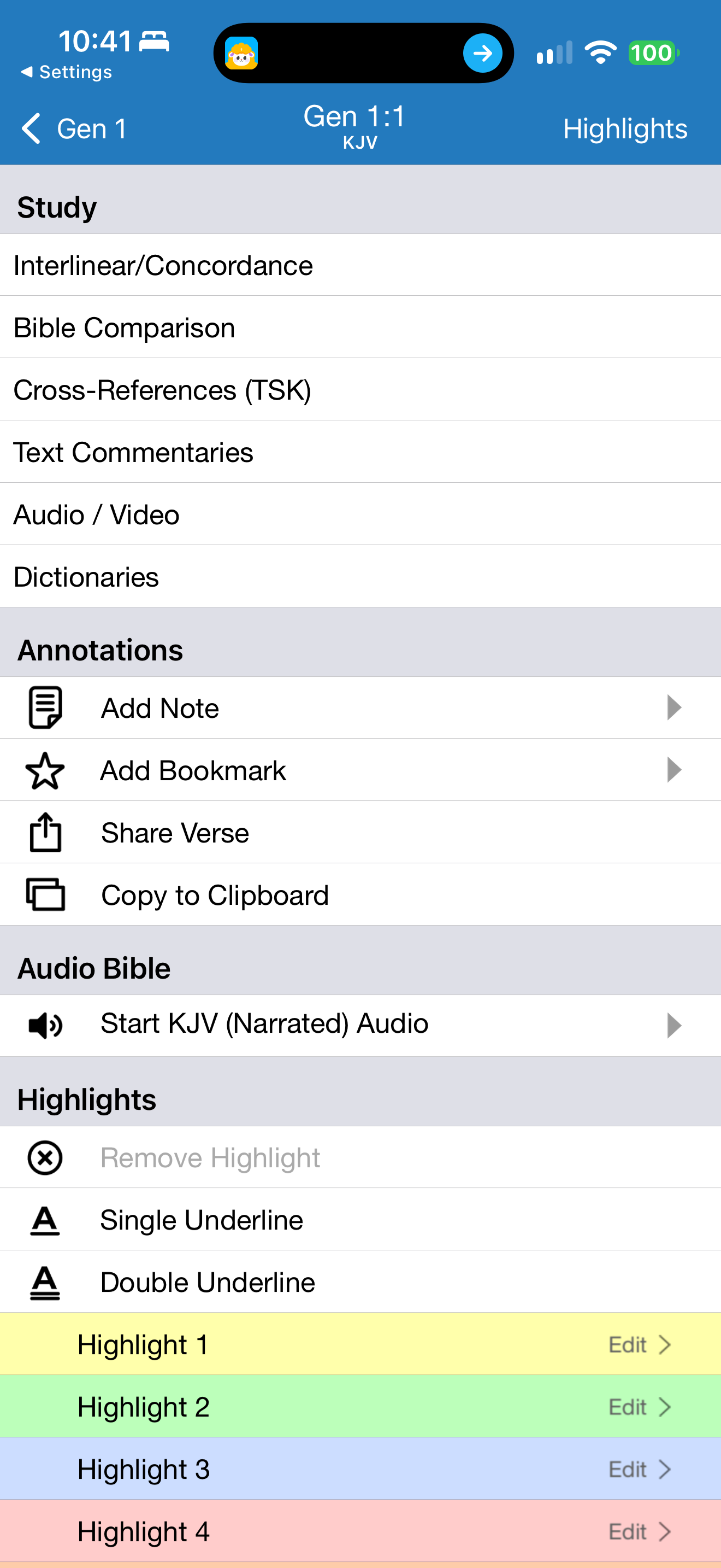Verse study and annotation menu