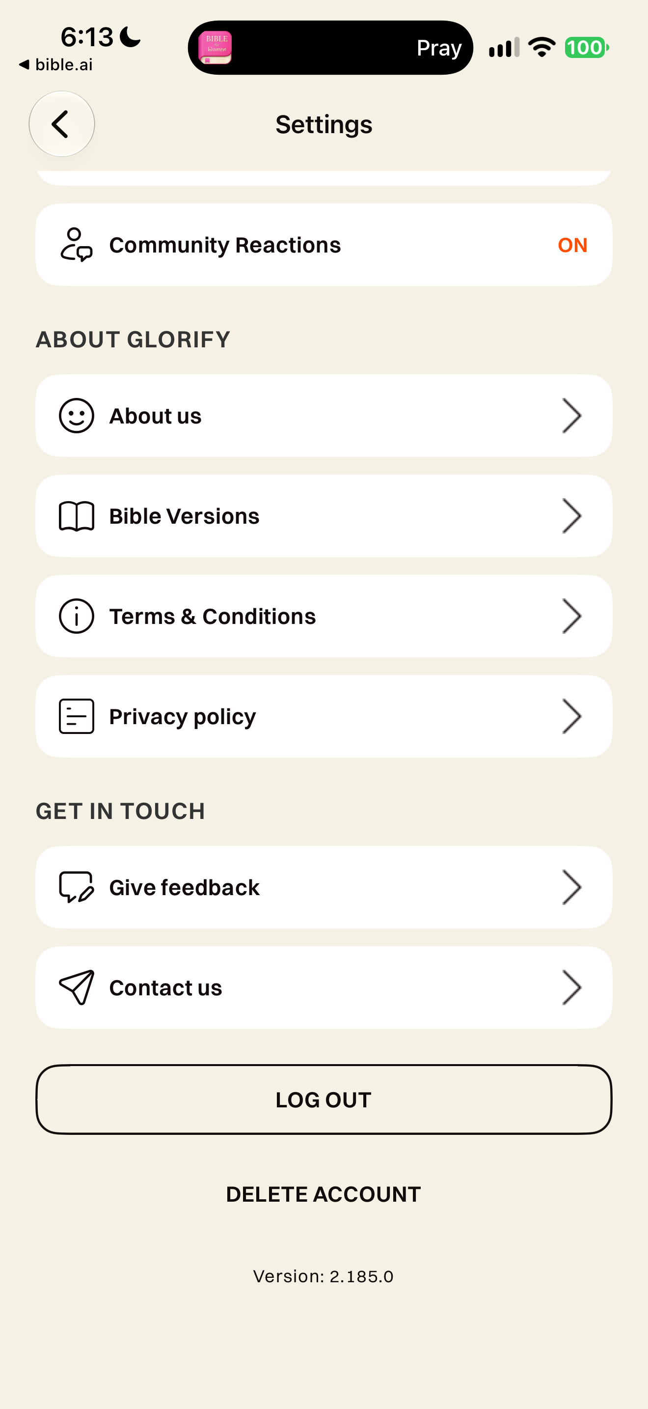 Lower settings: policies, feedback and account exit