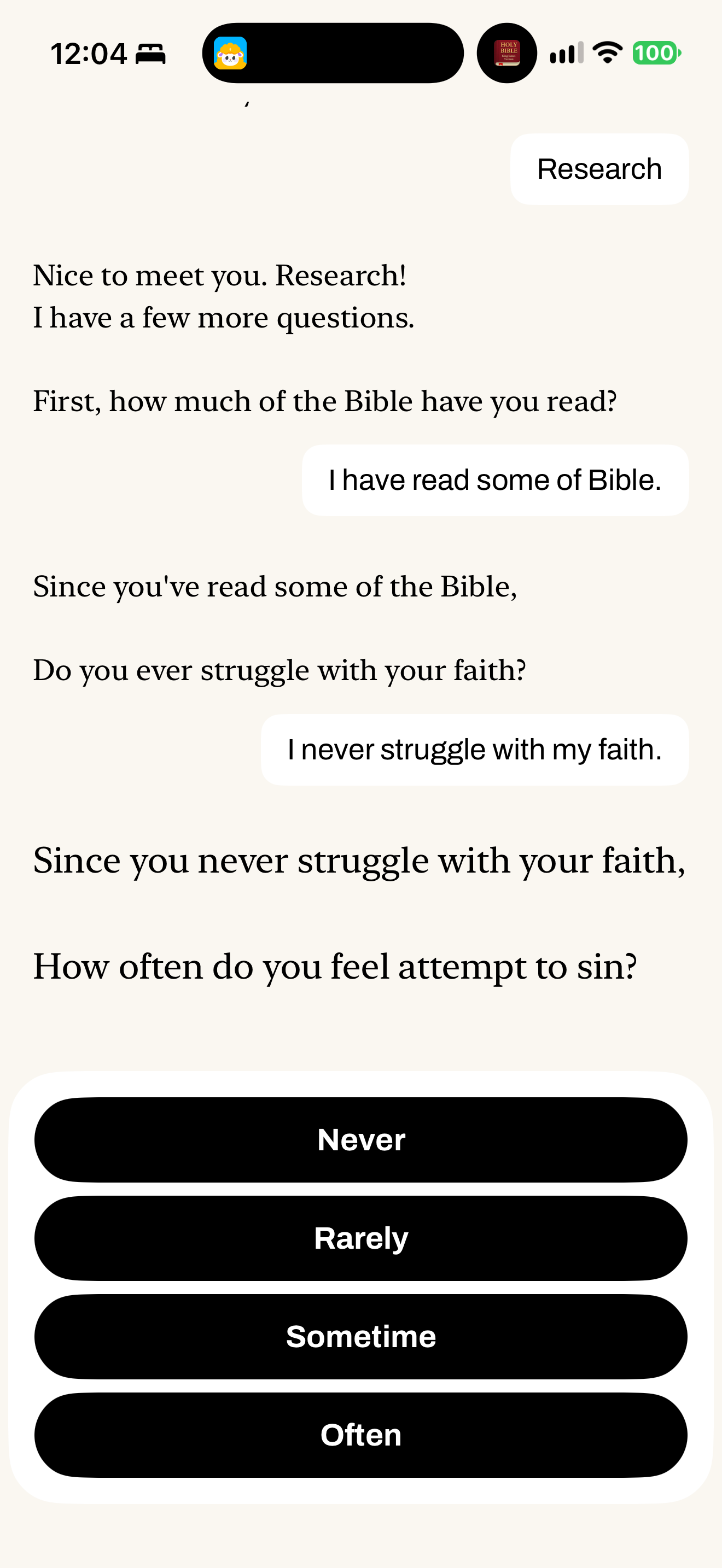 Scripted faith assessment
