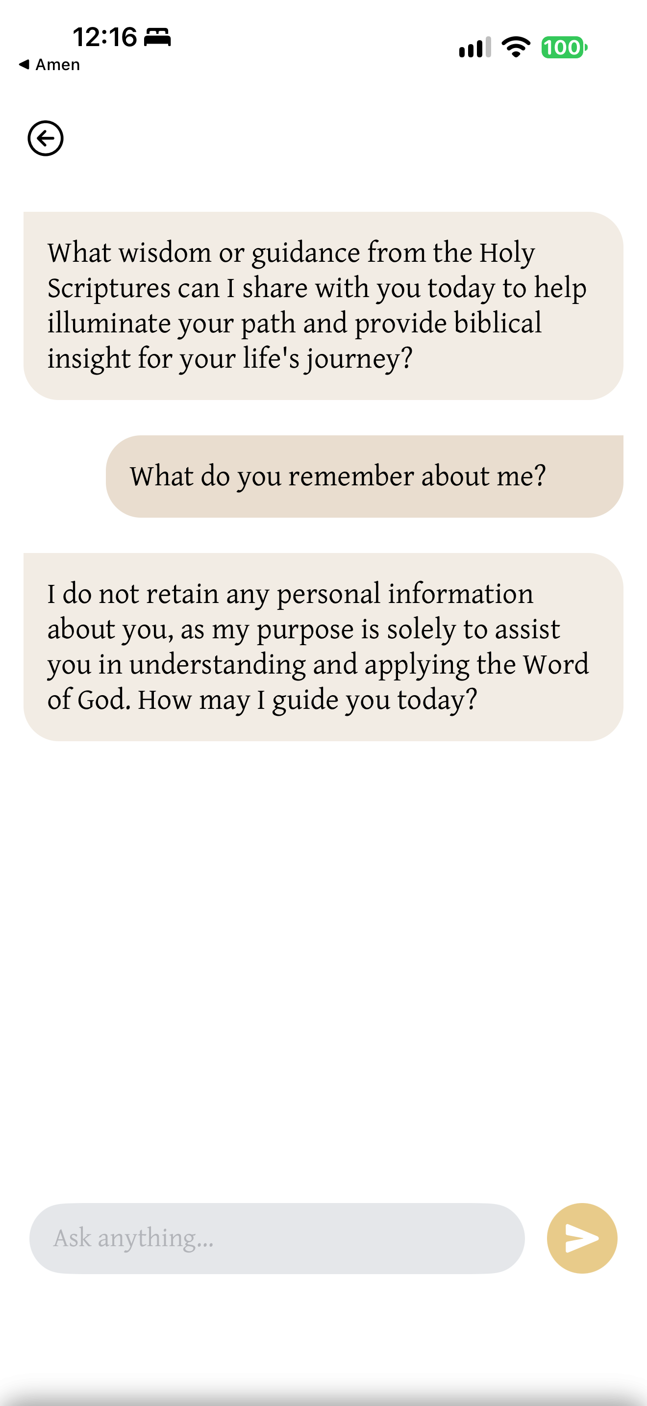 States it keeps no personal data: After the assistant's opening question, 'What do you remember about me?' gets: "I do not retain any personal information about you, as my purpose is solely to assist you in understanding and applying the Word of God."