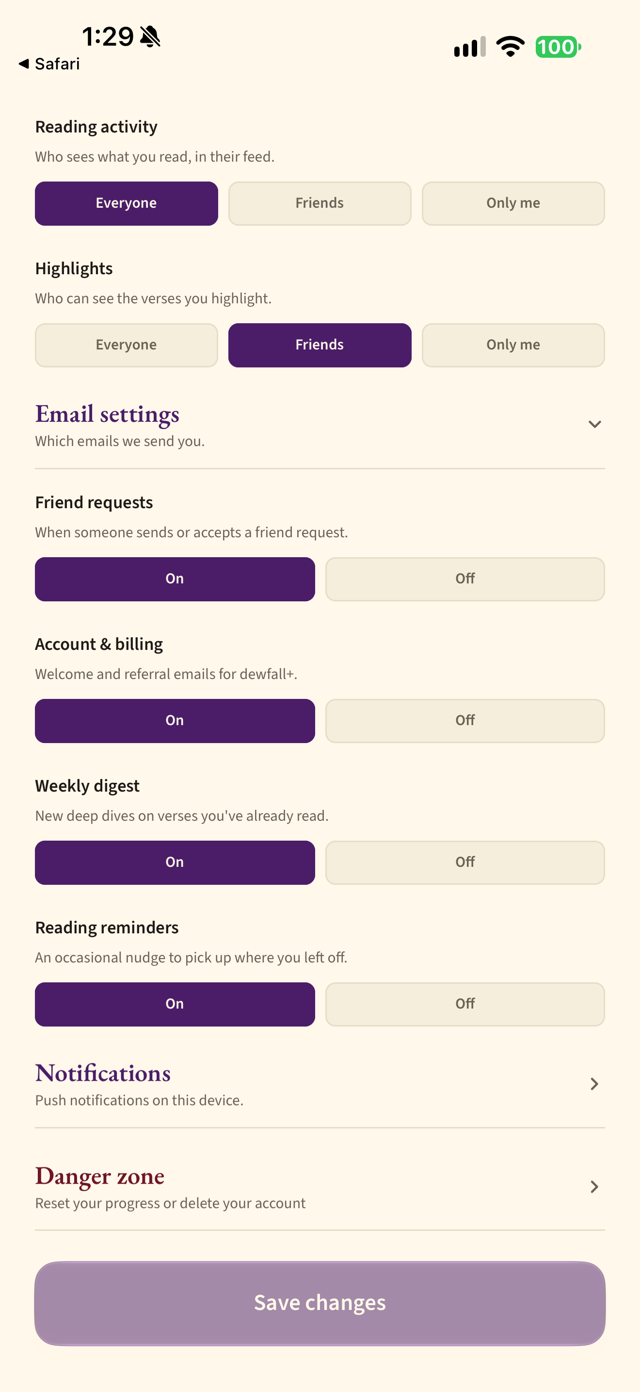 Email preference categories