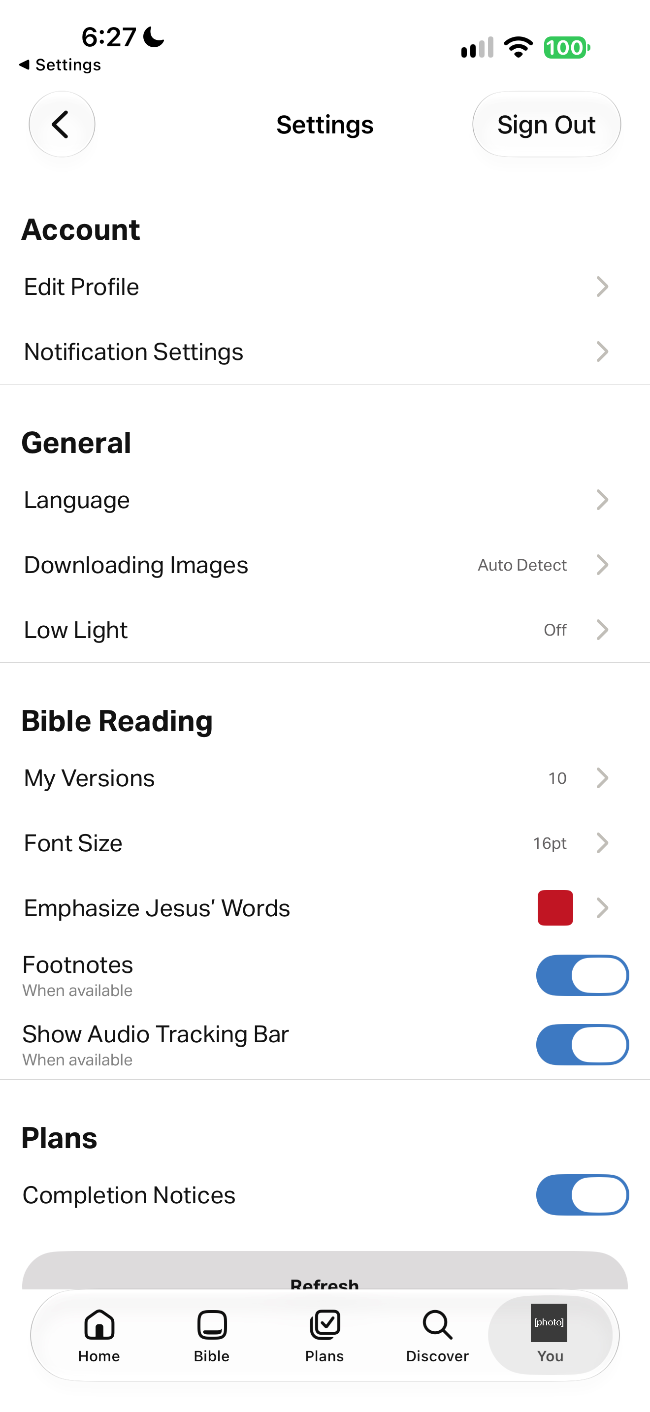 Settings with reading and plan options
