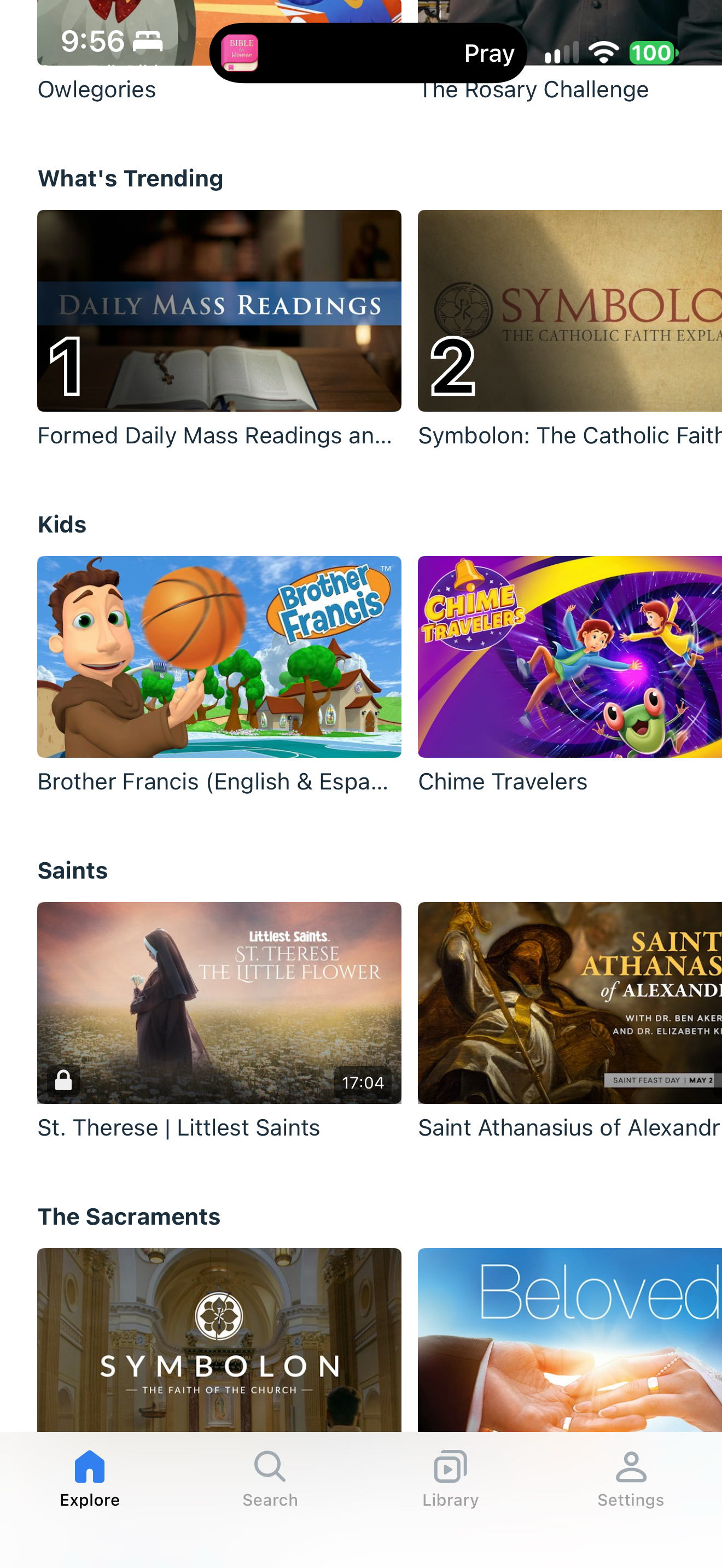 Explore rows: trending, kids, saints