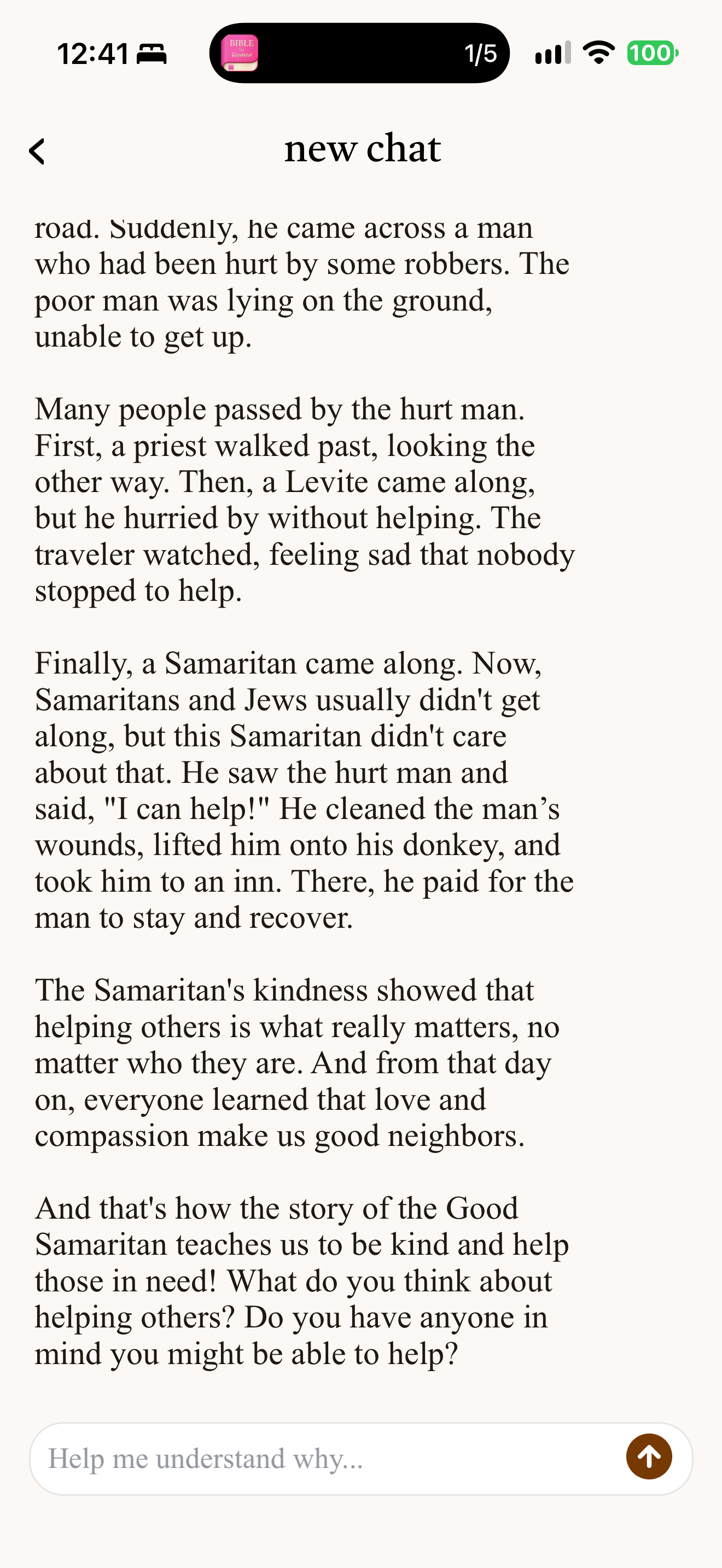 Children's story ends with question: The end of a children's story about the Good Samaritan: the Samaritan says "I can help!", takes the man to an inn and pays, and the story concludes that love and compassion make us good neighbours. It closes by asking "What do you think about helping others? Do you have anyone in mind you might be able to help?"