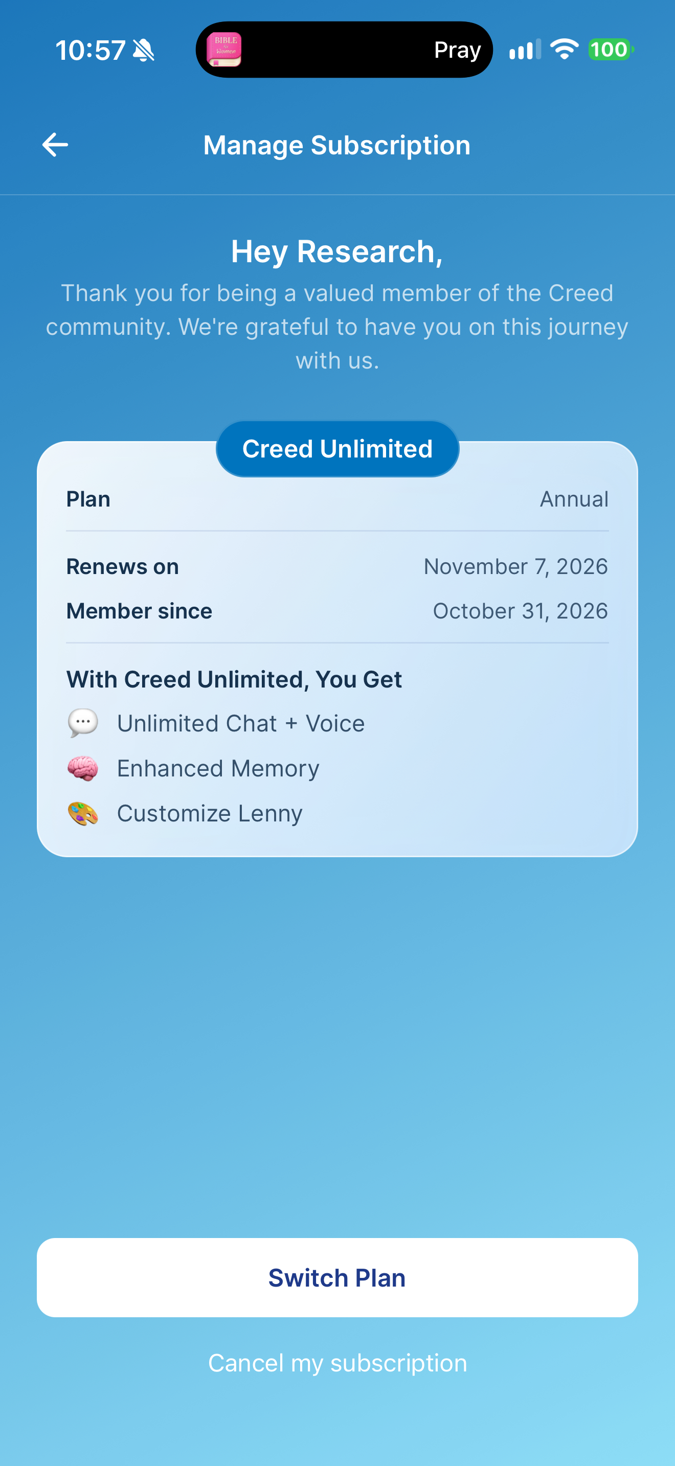 In-app subscription page after cancelling