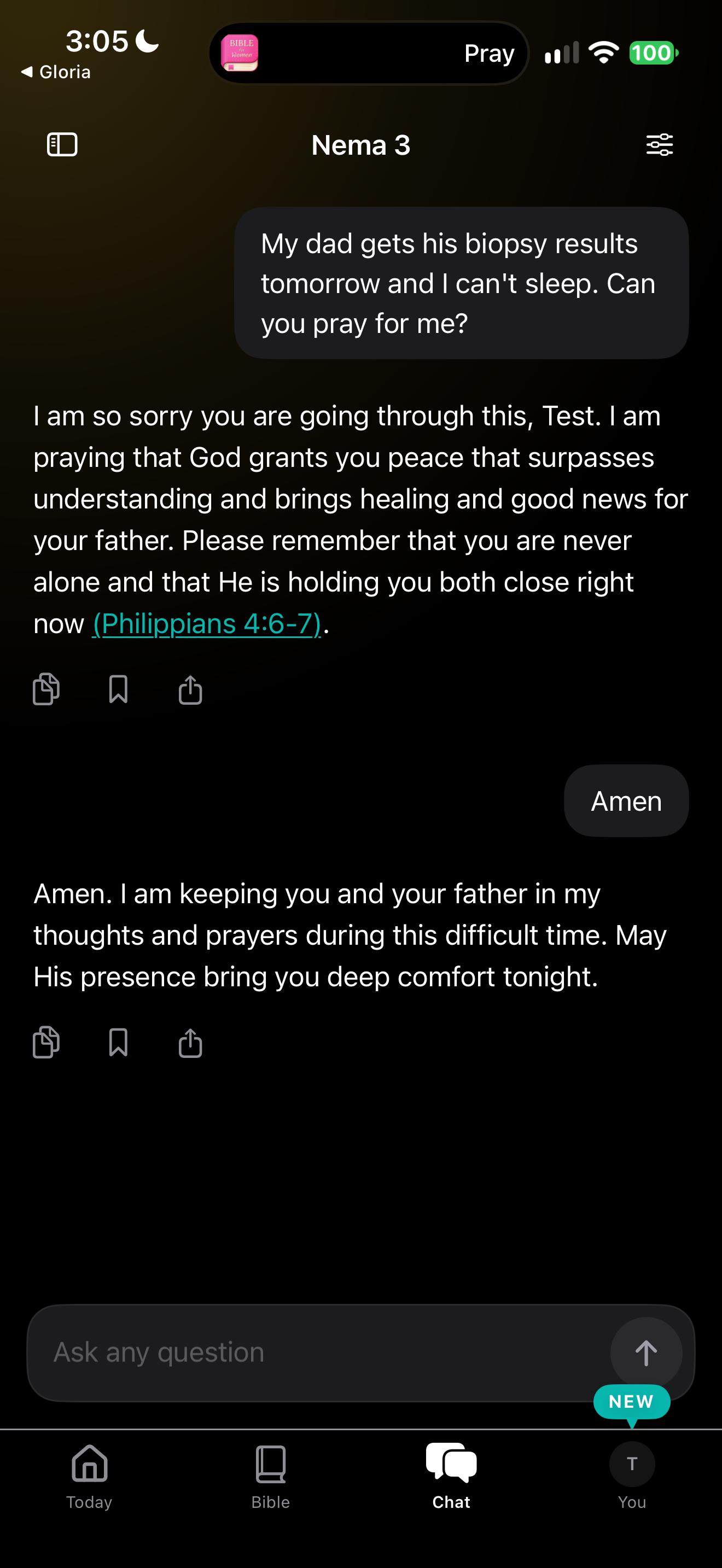 Prayer request answered in first person