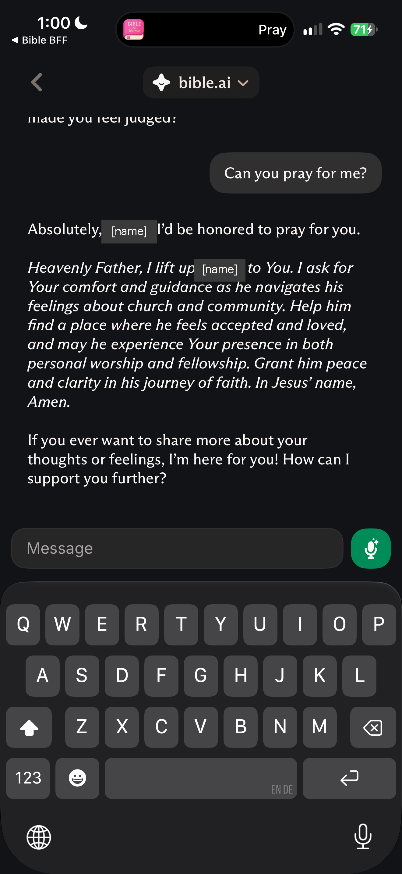 First-person prayer for the user