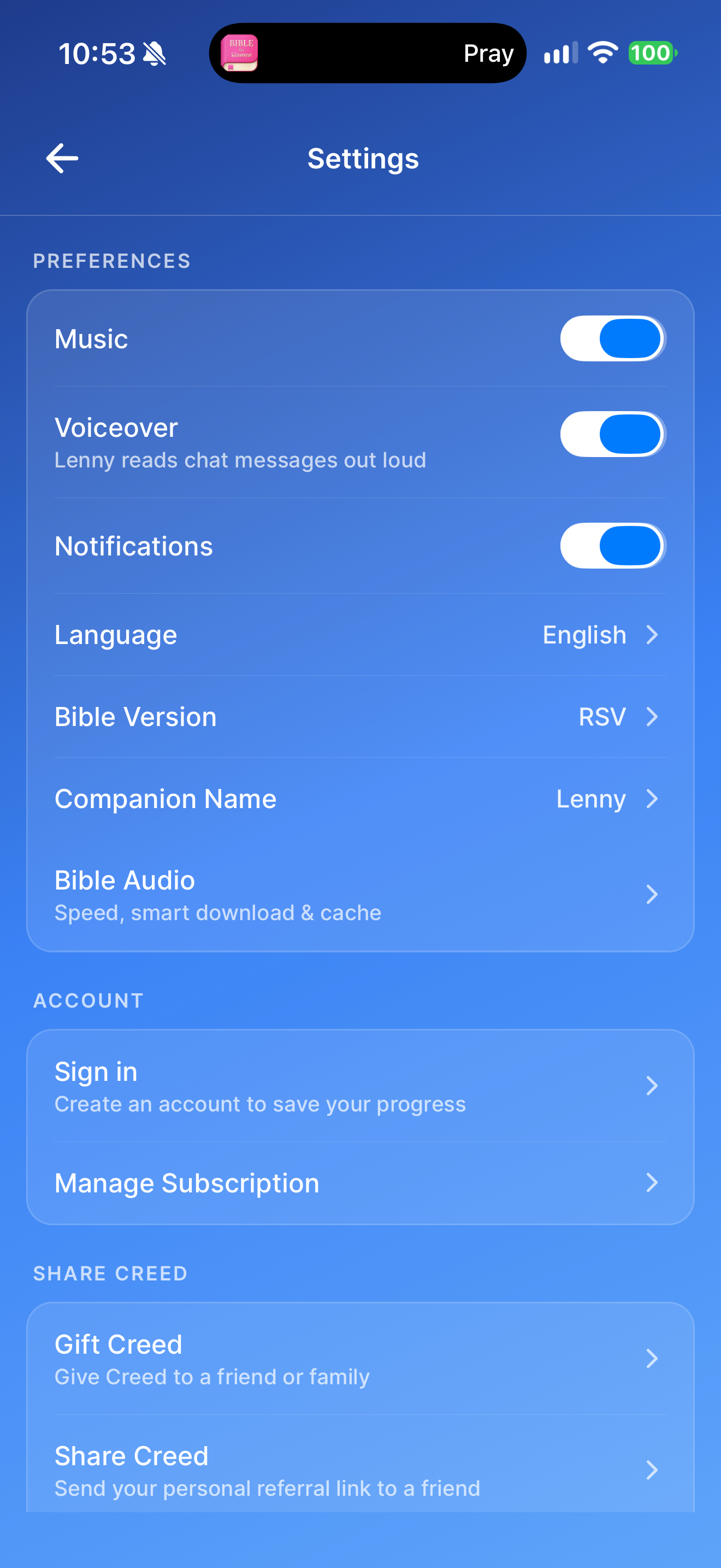 Settings with Manage Subscription