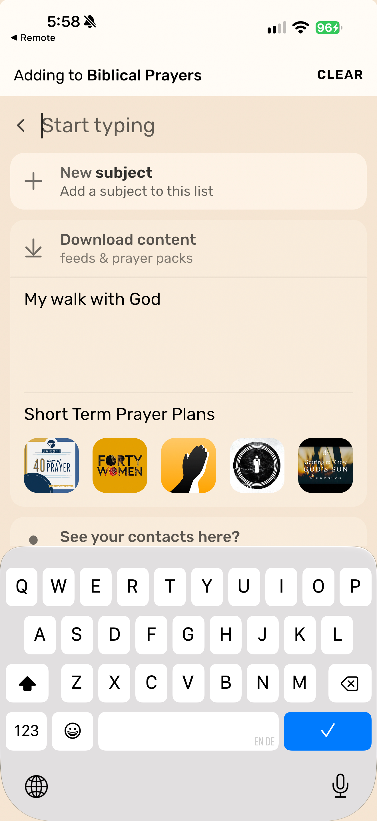 PrayerMate add-subject options