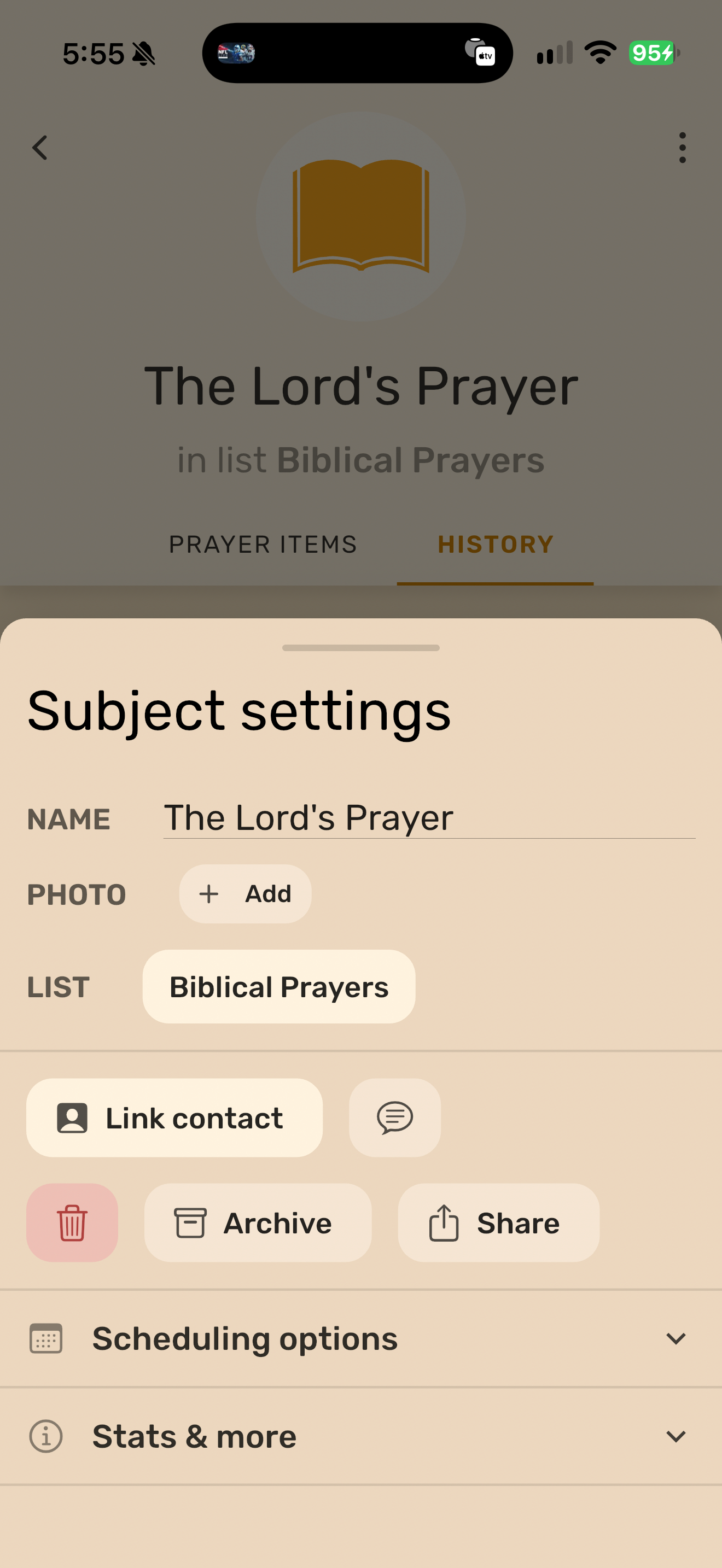 PrayerMate subject settings