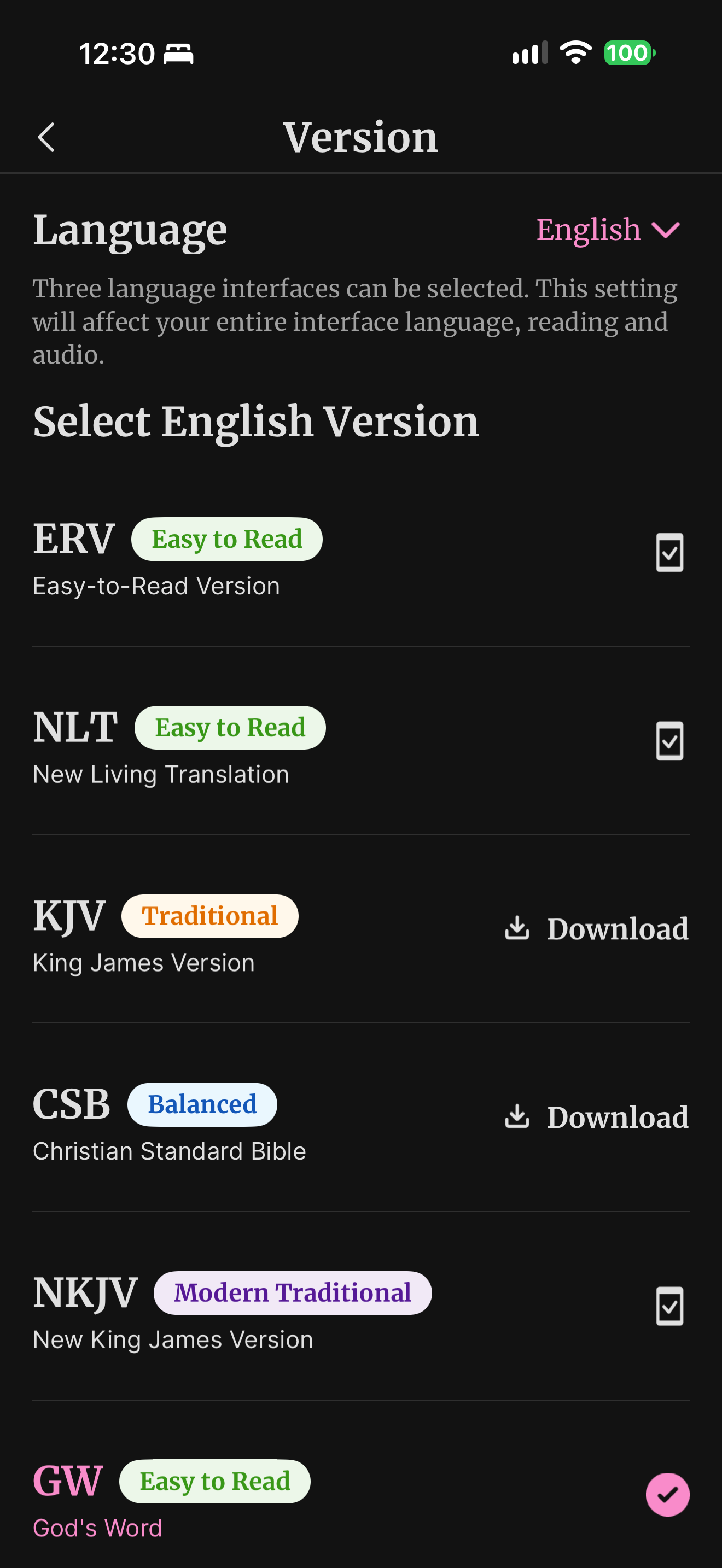 Version picker with reading-level labels