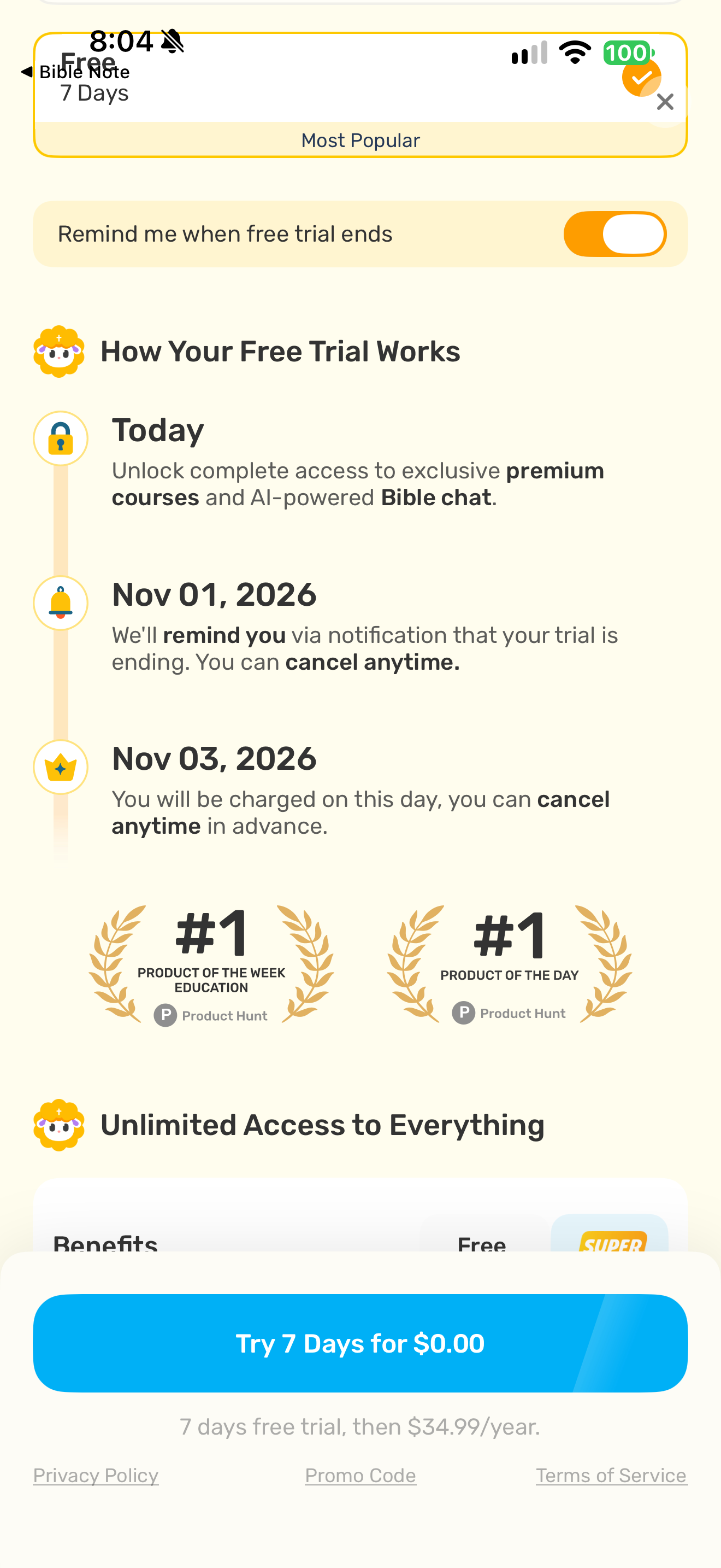 Trial timeline and reminder control